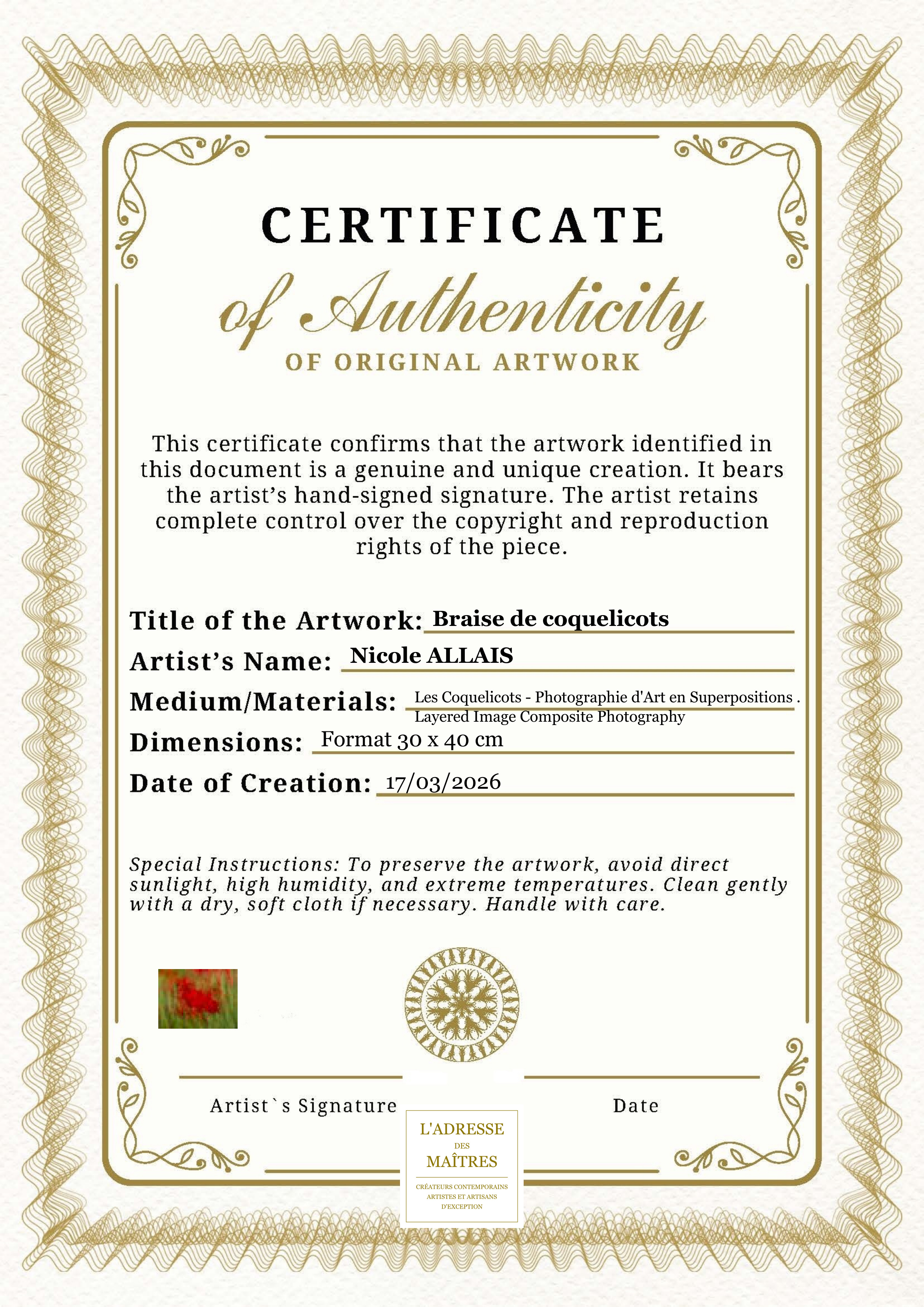 Certificat d'authenticité — Braise de coquelicots — Nicole ALLAIS