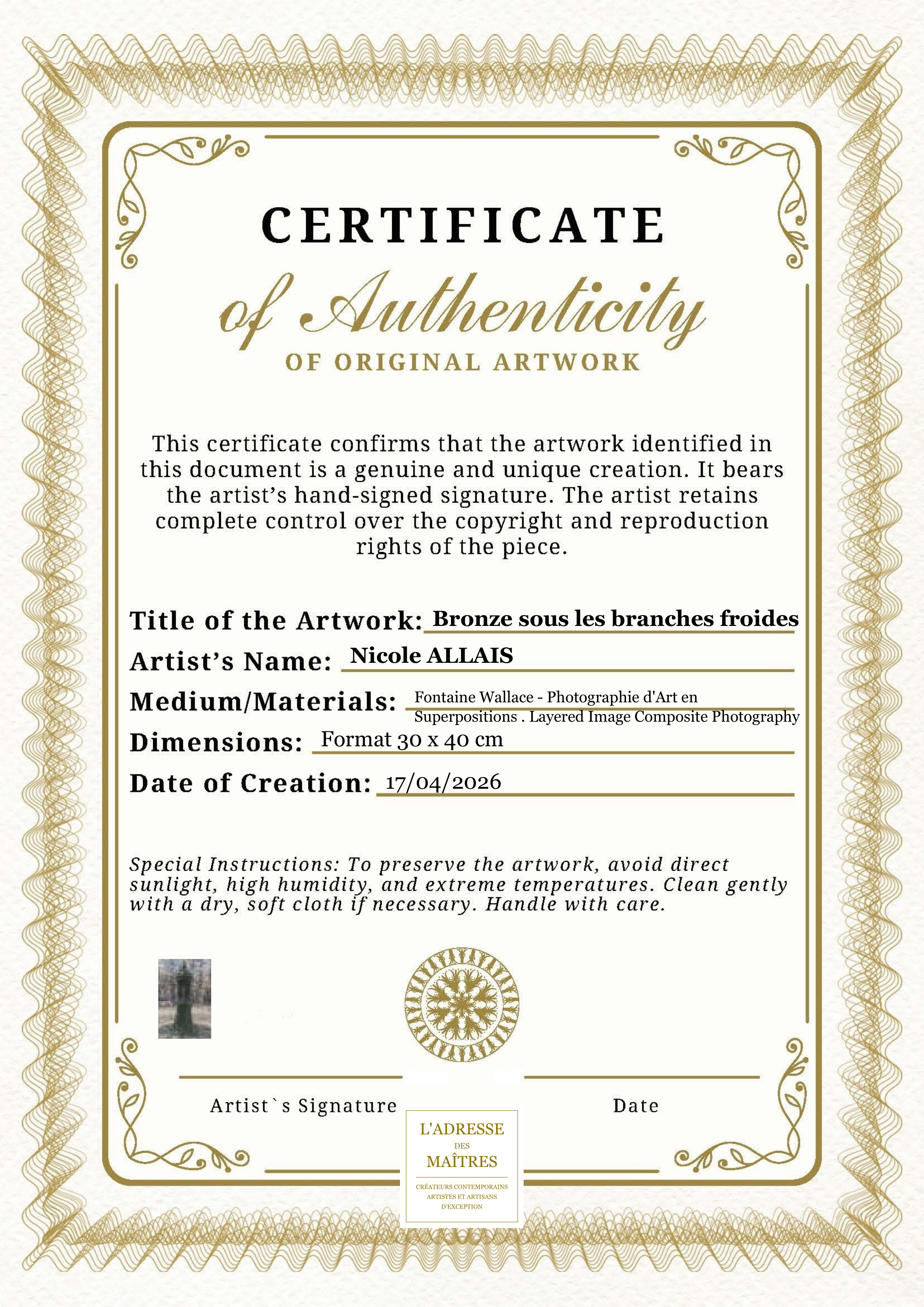 Certificat d'authenticité — Bronze sous les branches froides — Nicole ALLAIS