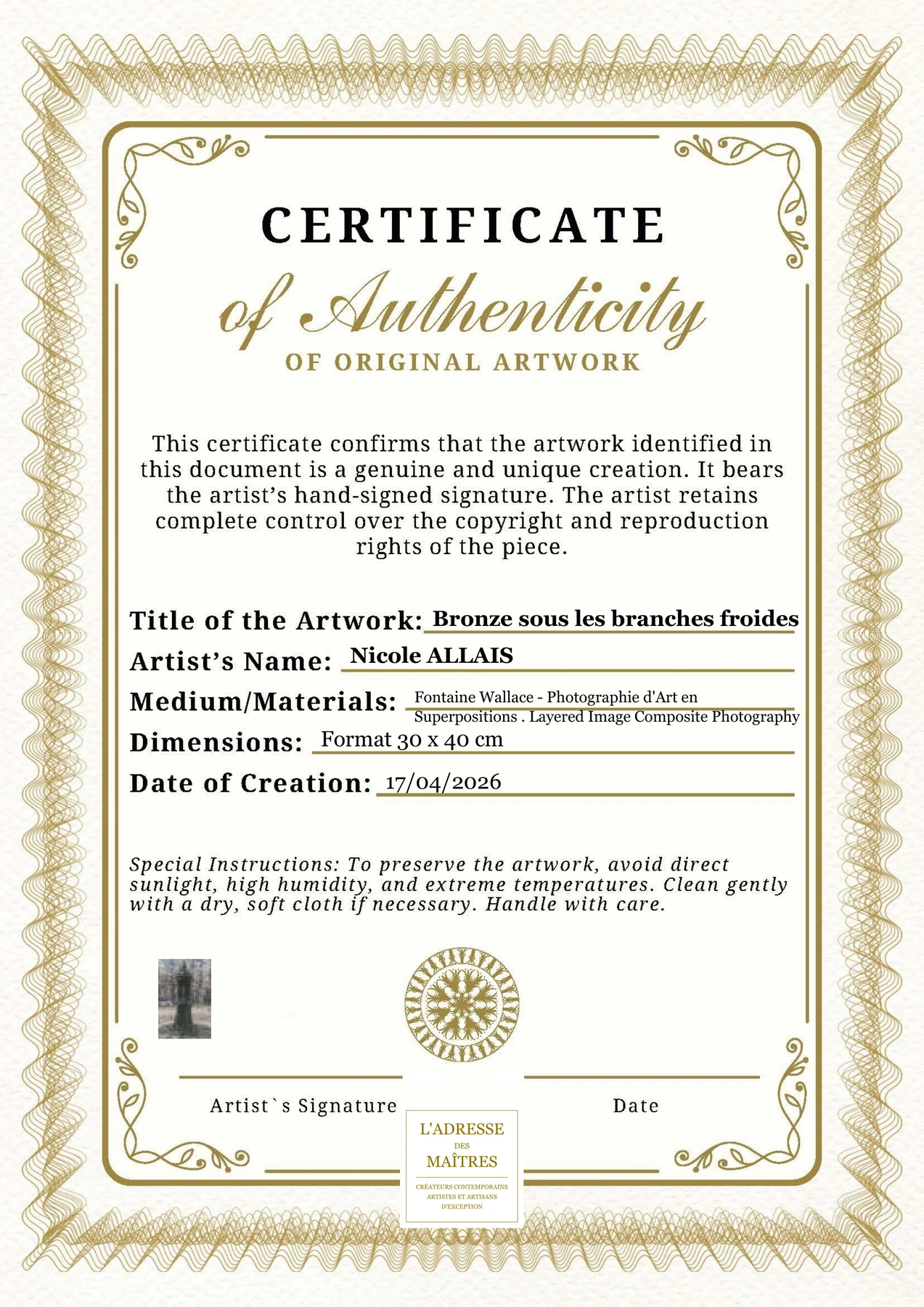 Certificat d'authenticité — Bronze sous les branches froides — Nicole ALLAIS
