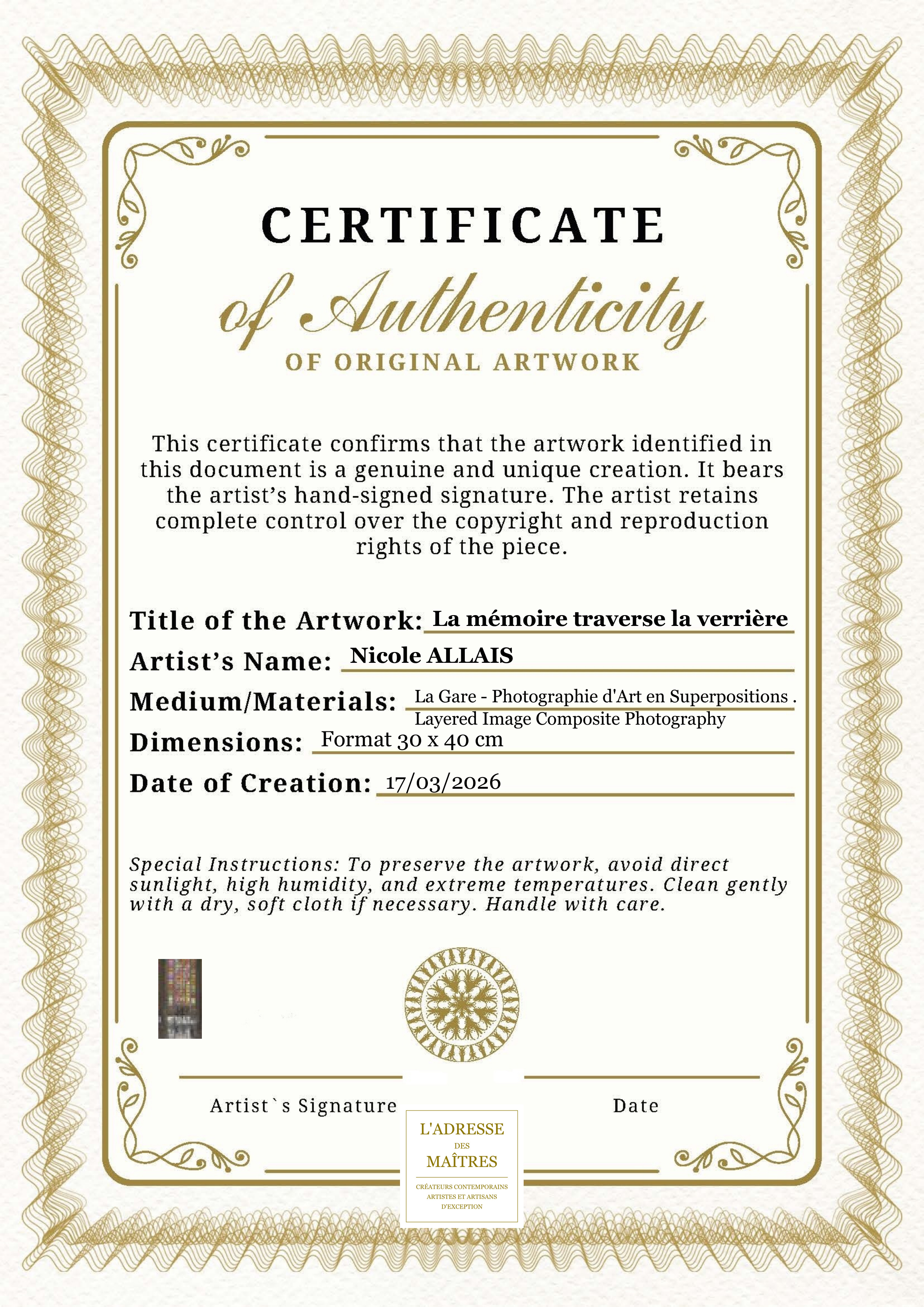 Certificat d'authenticité — La mémoire traverse la verrière — Nicole ALLAIS