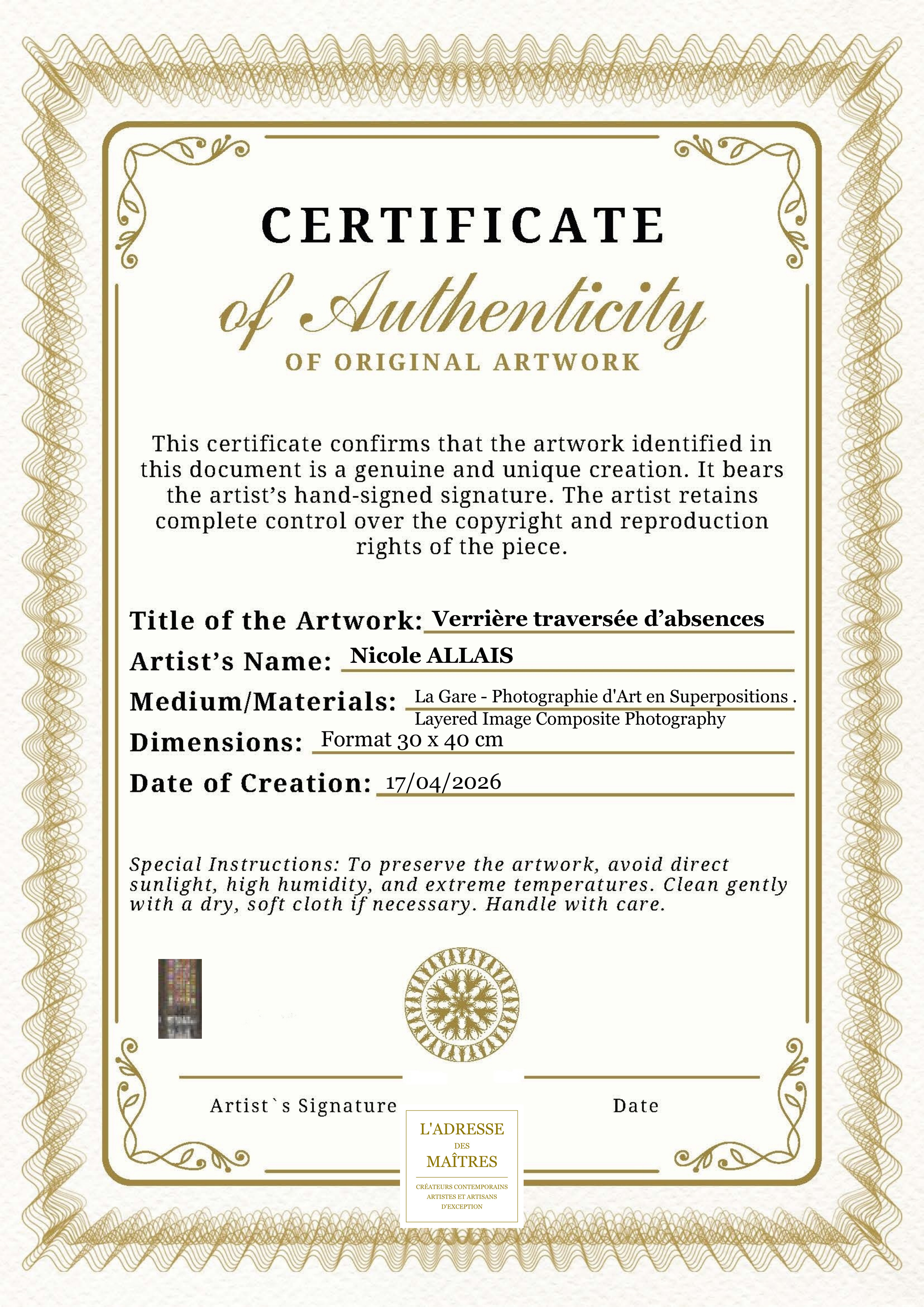Certificat d'authenticité — Verrière traversée d’absences — Nicole ALLAIS