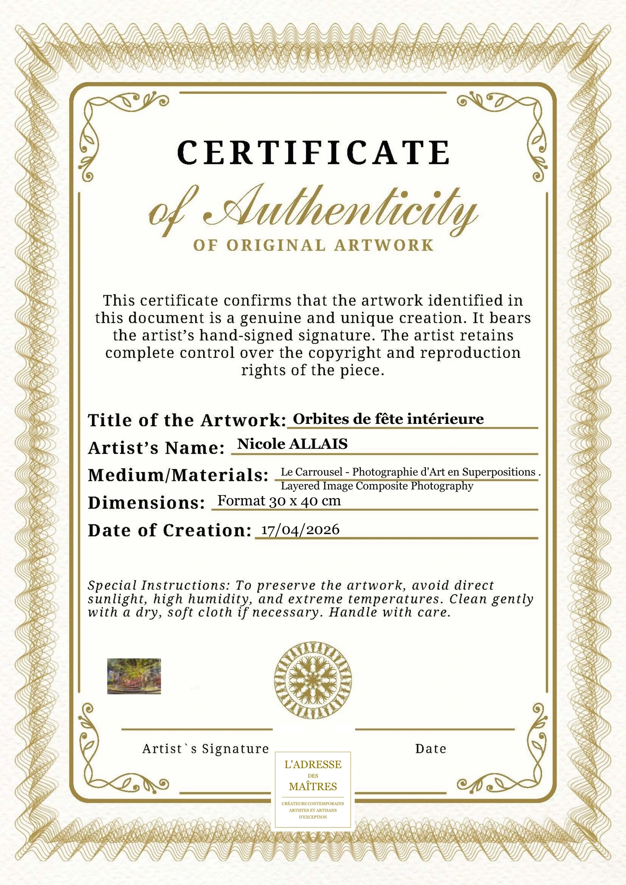 Certificat d'authenticité — Orbites de fête intérieure — Nicole ALLAIS