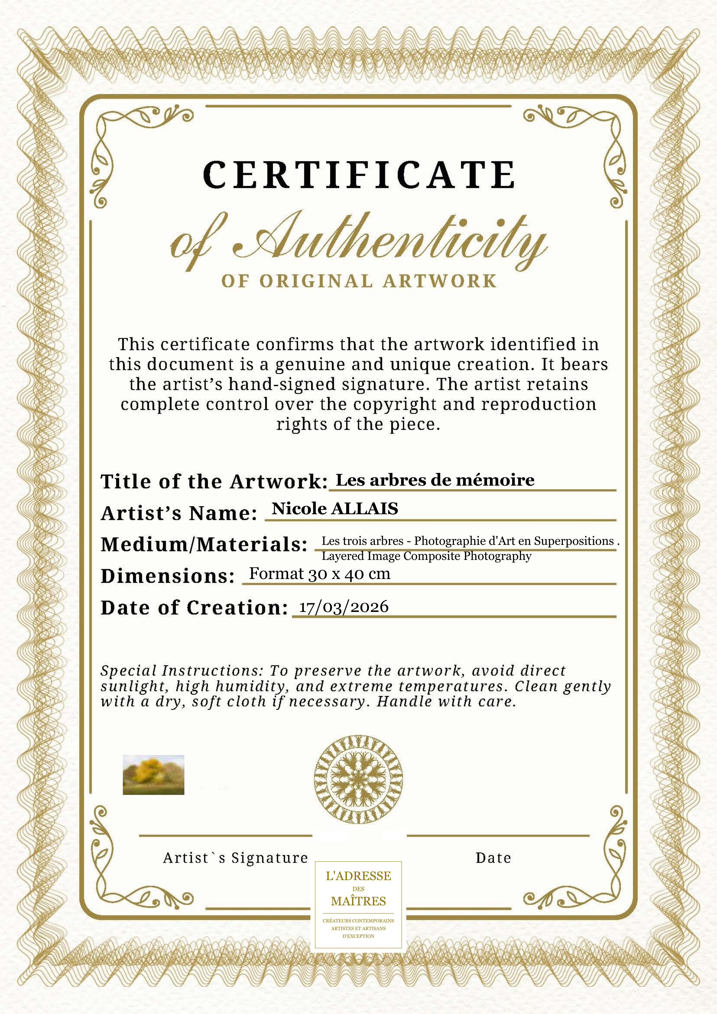 Certificat d'authenticité — Les arbres de mémoire — Nicole ALLAIS