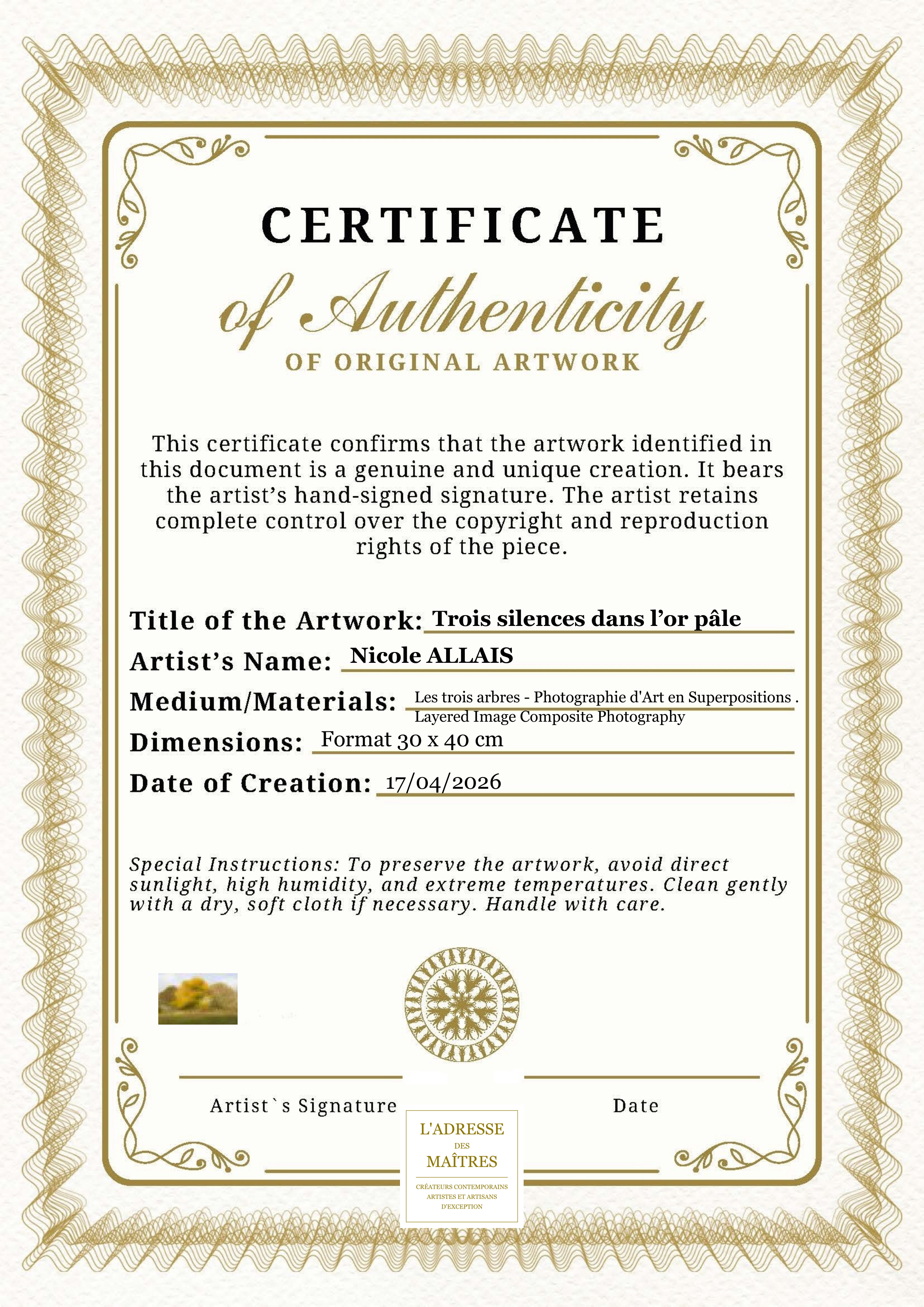 Certificat d'authenticité — Trois silences dans l’or pâle — Nicole ALLAIS