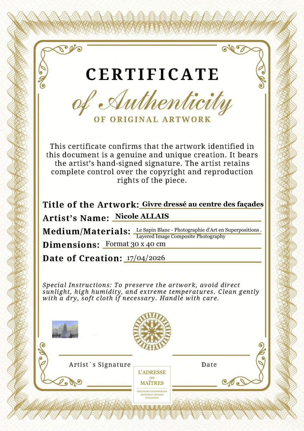 Certificat d'authenticité — Givre dressé au centre des façades — Nicole ALLAIS