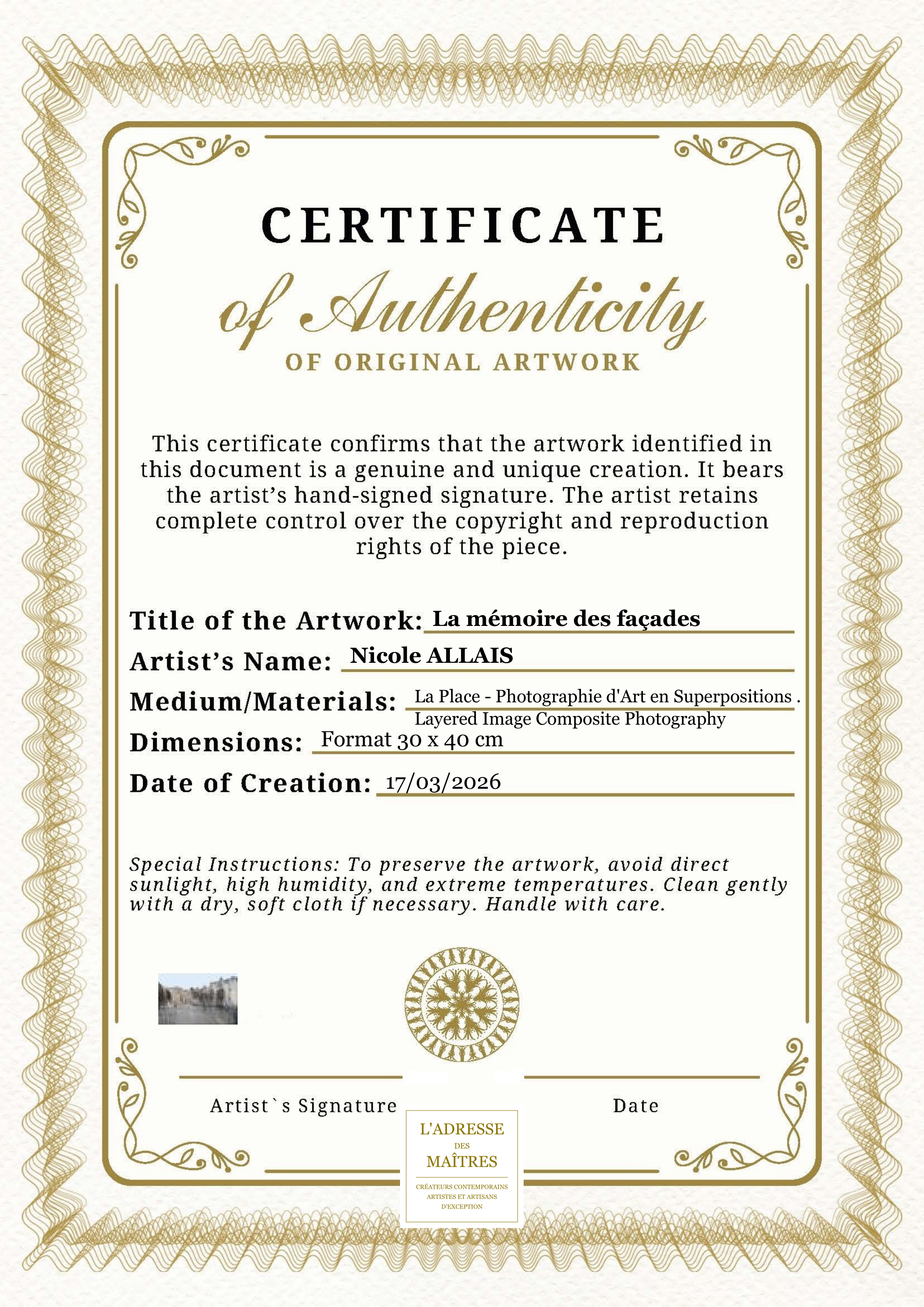 Certificat d'authenticité — La mémoire des façades — Nicole ALLAIS