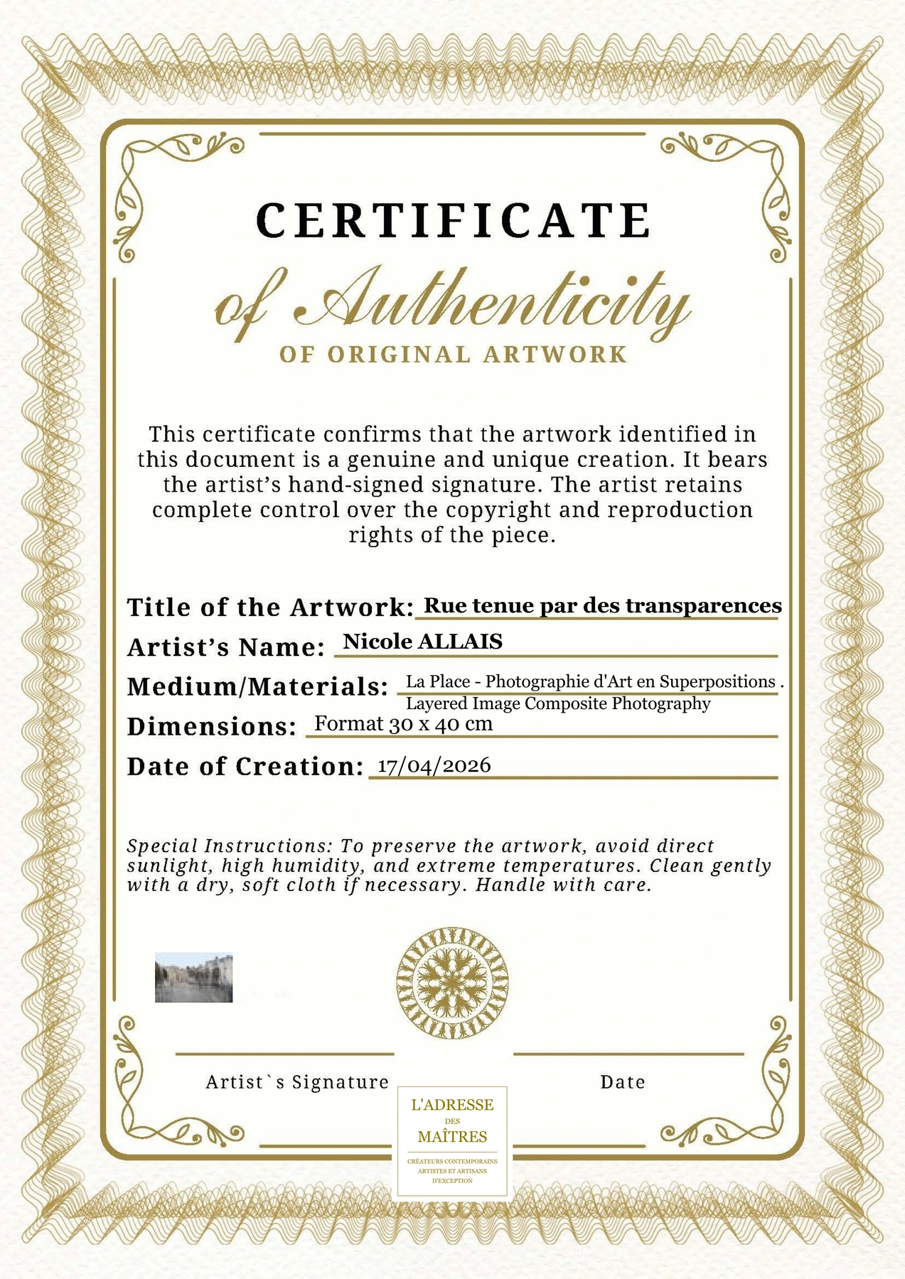 Certificat d'authenticité — Rue tenue par des transparences — Nicole ALLAIS