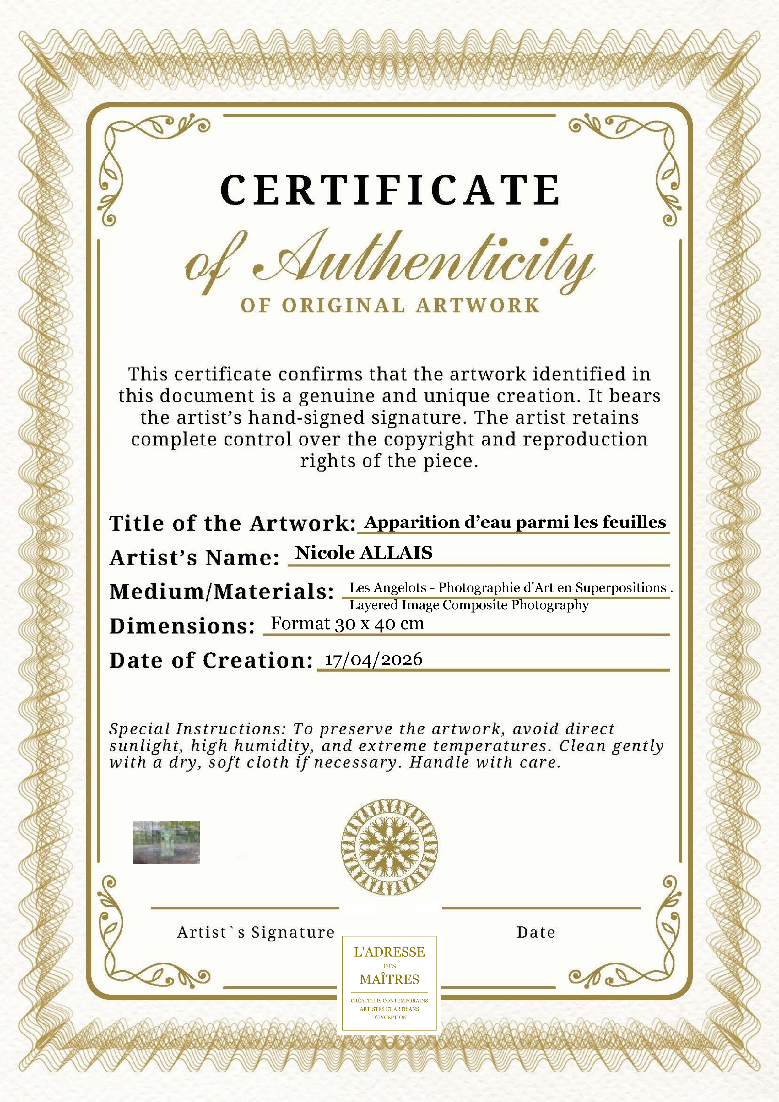 Certificat d'authenticité — Apparition d’eau parmi les feuilles — Nicole ALLAIS