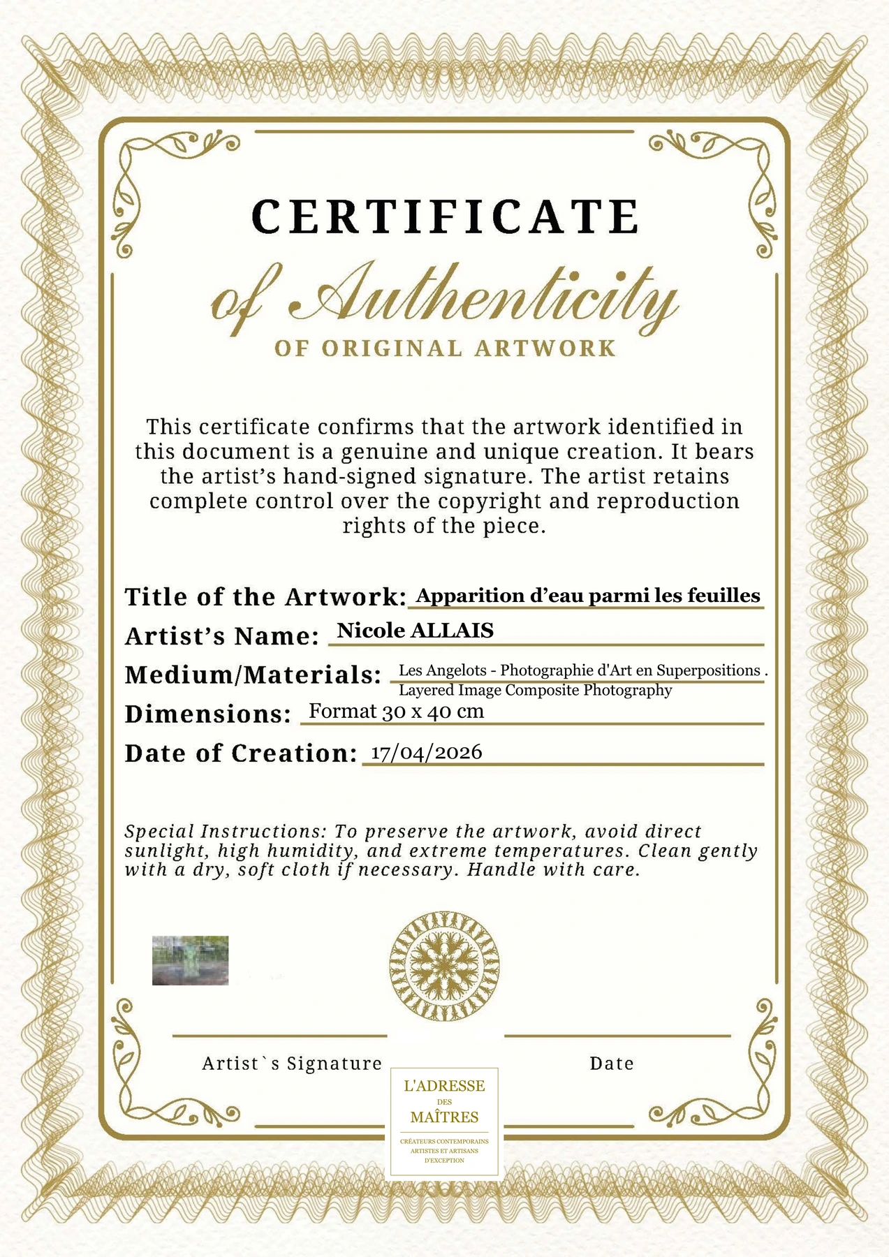 Certificat d'authenticité — Apparition d’eau parmi les feuilles — Nicole ALLAIS