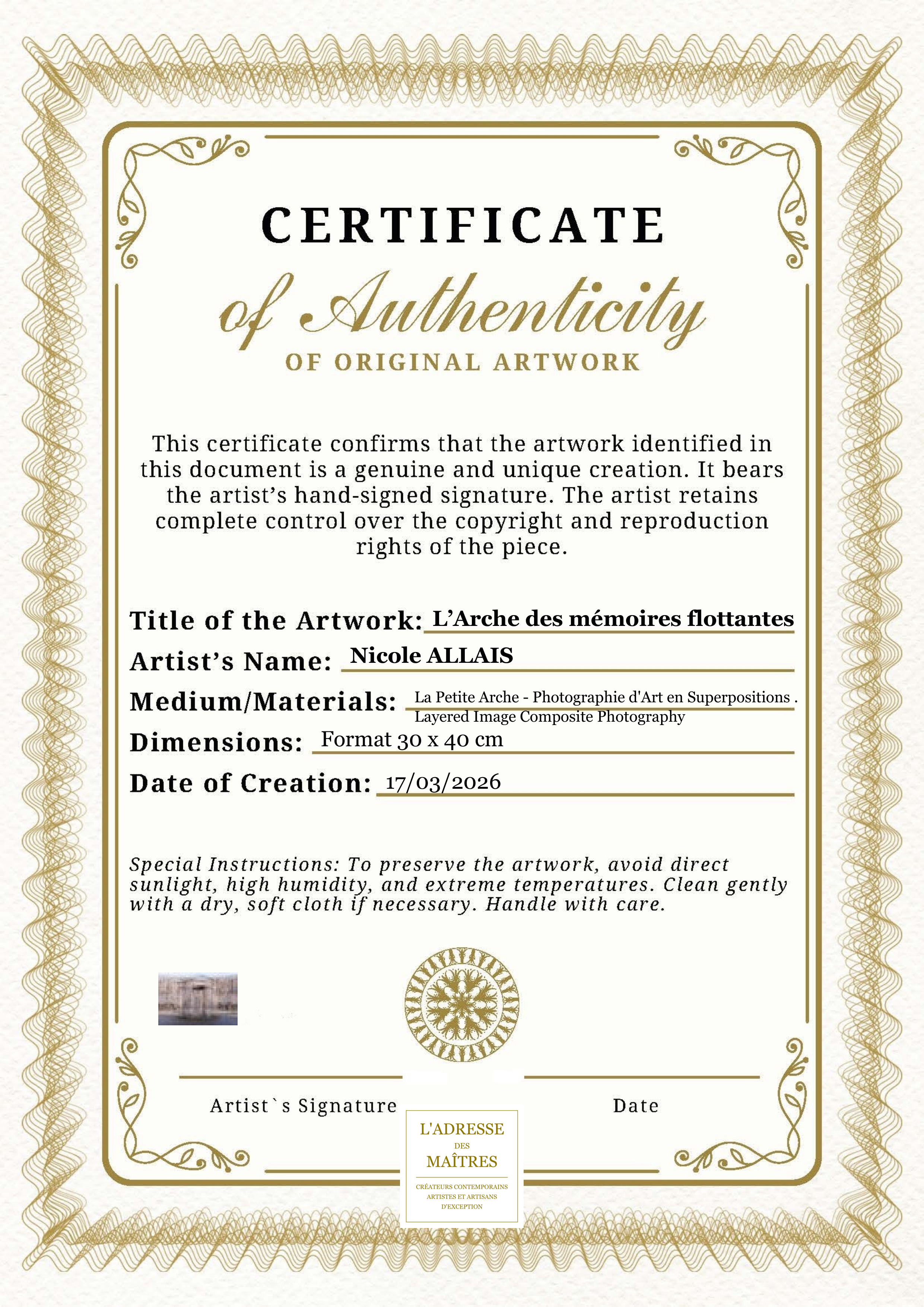 Certificat d'authenticité — L’Arche des mémoires flottantes — Nicole ALLAIS
