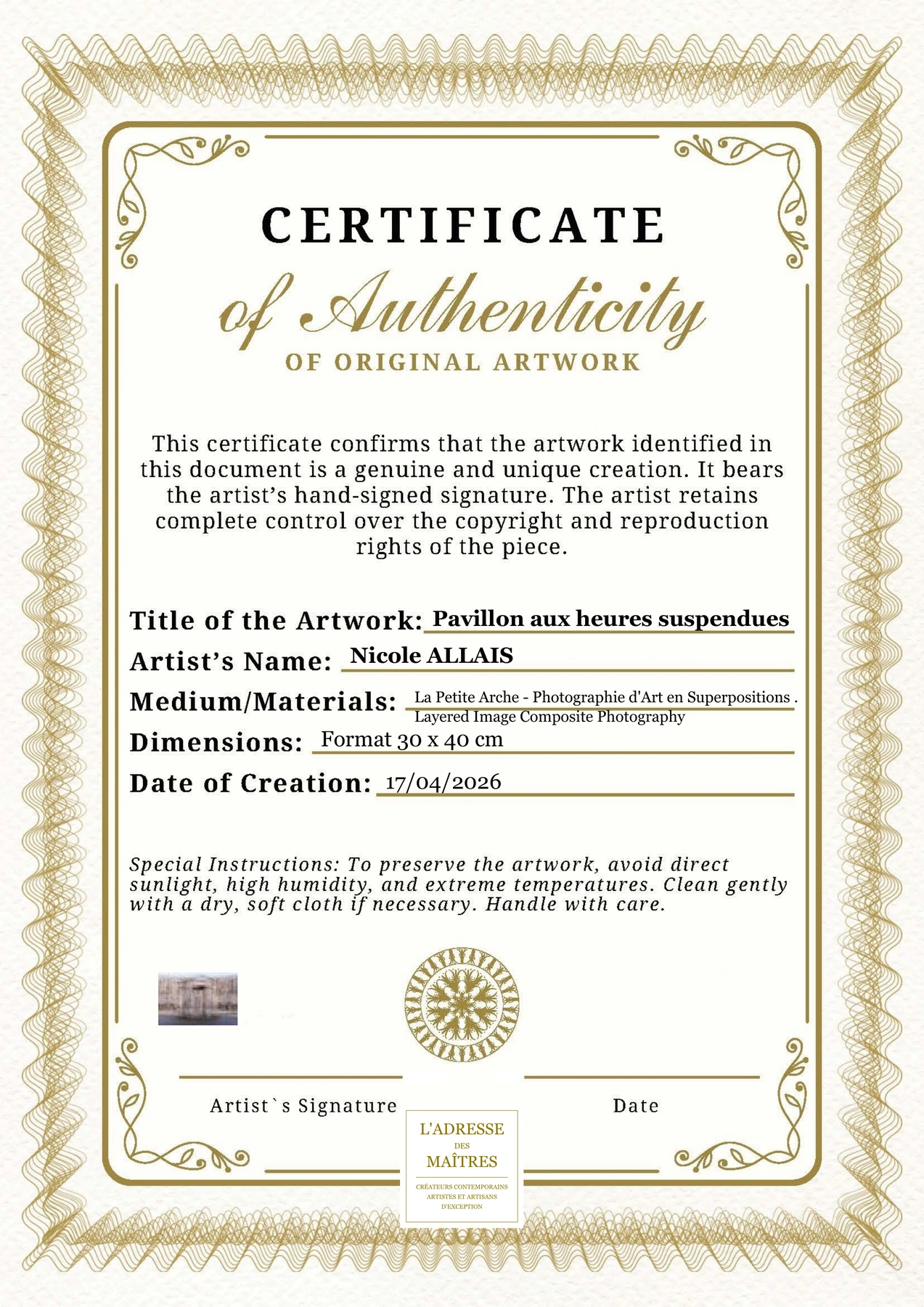 Certificat d'authenticité — Pavillon aux heures suspendues — Nicole ALLAIS