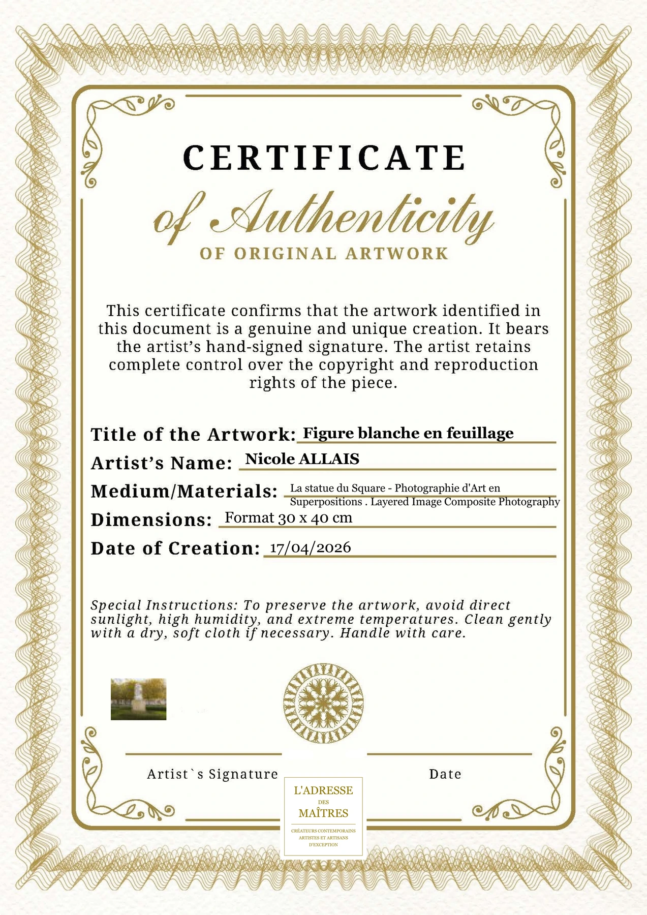 Certificat d'authenticité — Figure blanche en feuillage — Nicole ALLAIS