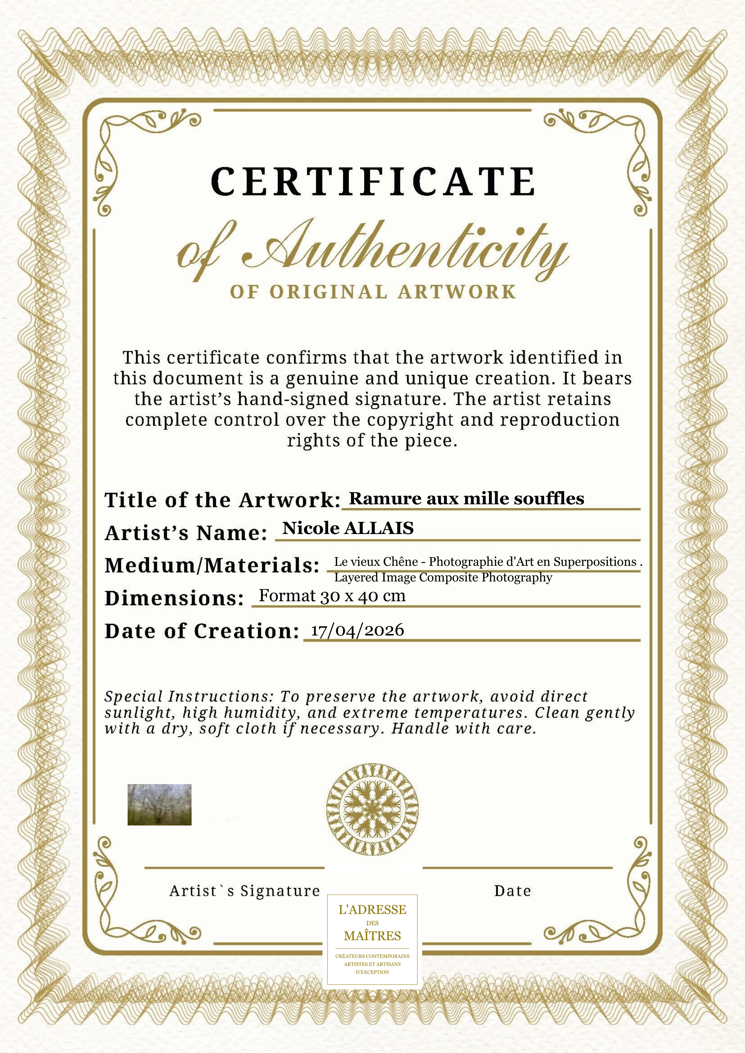 Certificat d'authenticité — Ramure aux mille souffles — Nicole ALLAIS