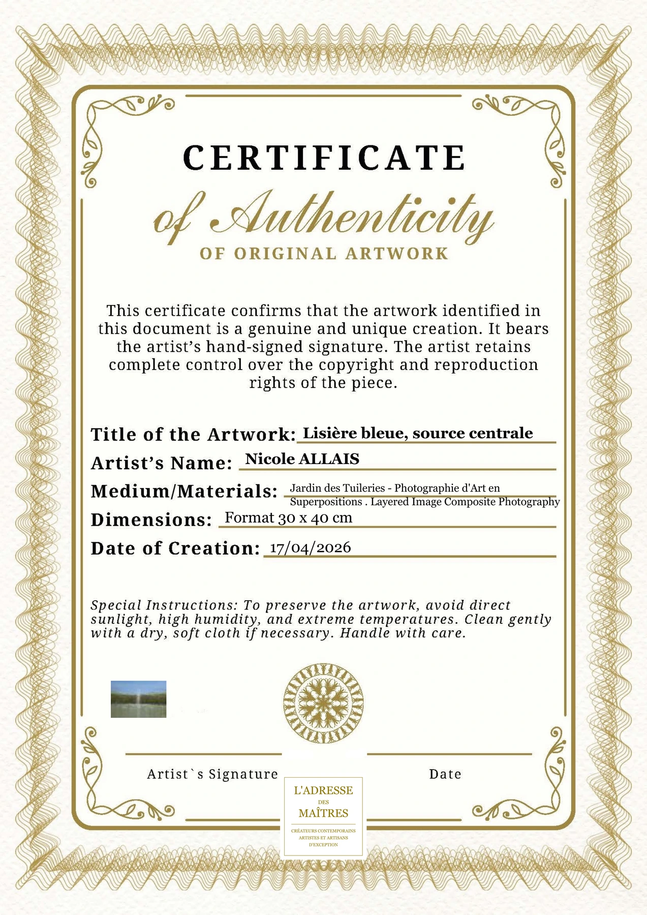Certificat d'authenticité — Lisière bleue, source centrale — Nicole ALLAIS