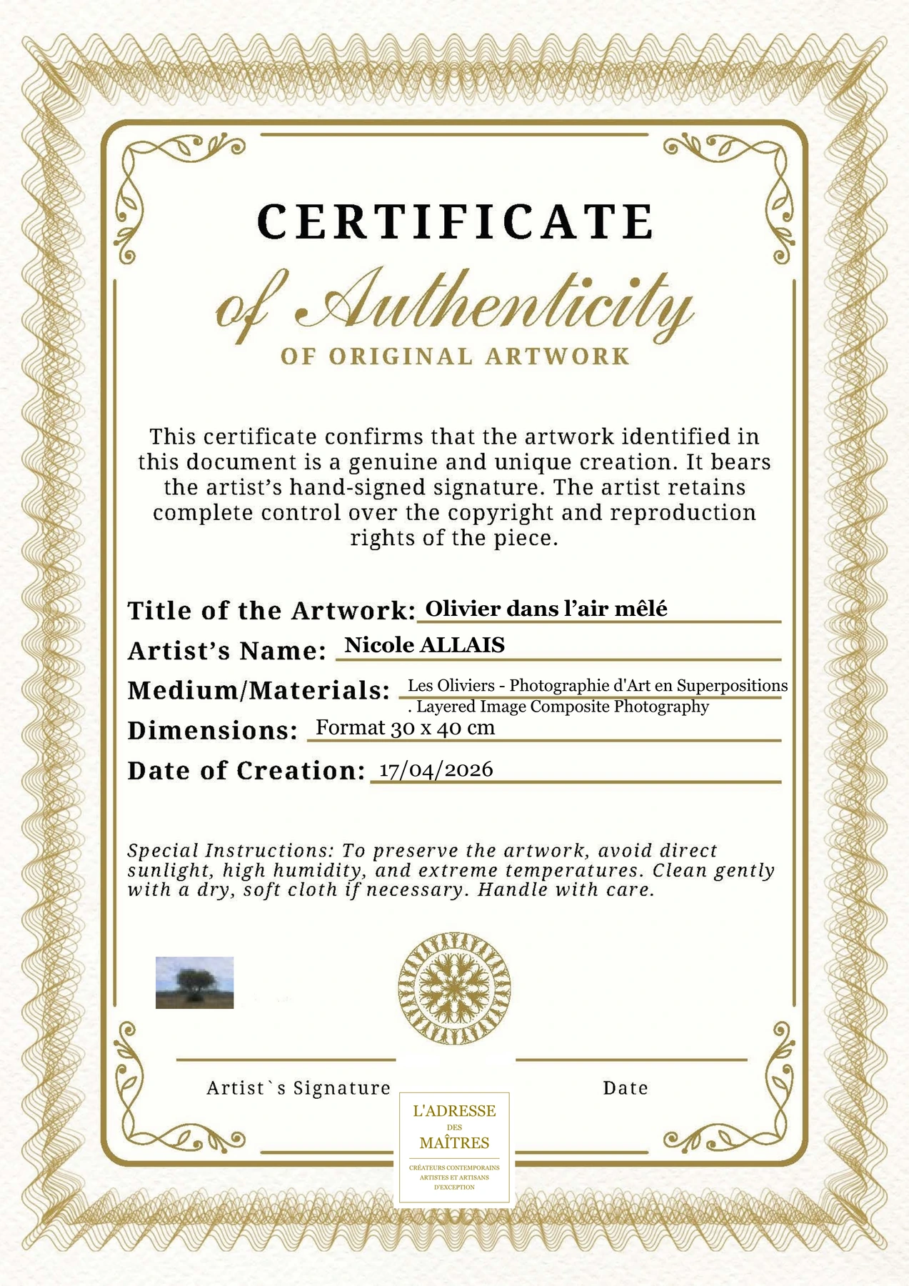 Certificat d'authenticité — Olivier dans l’air mêlé — Nicole ALLAIS