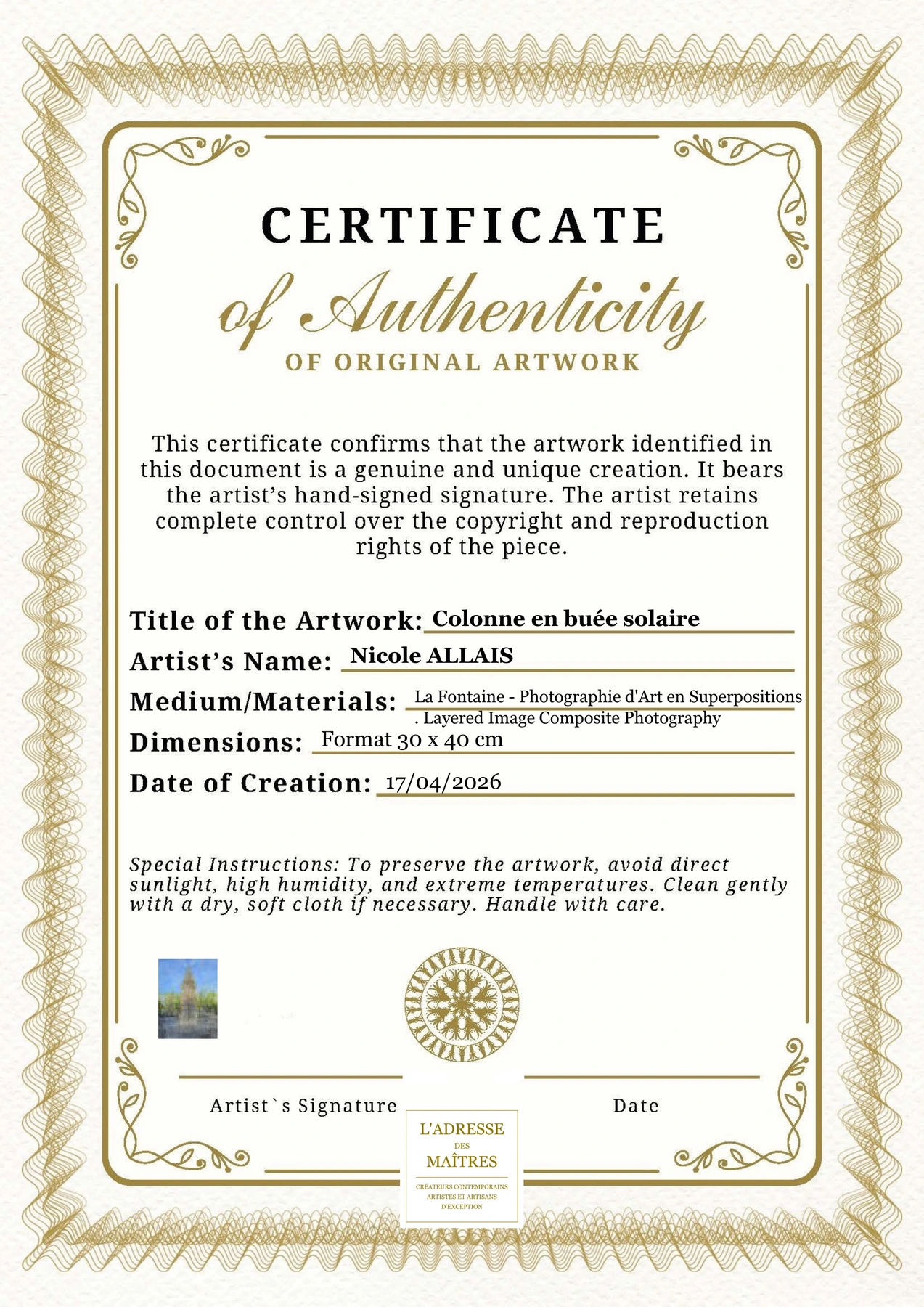 Certificat d'authenticité — Colonne en buée solaire — Nicole ALLAIS