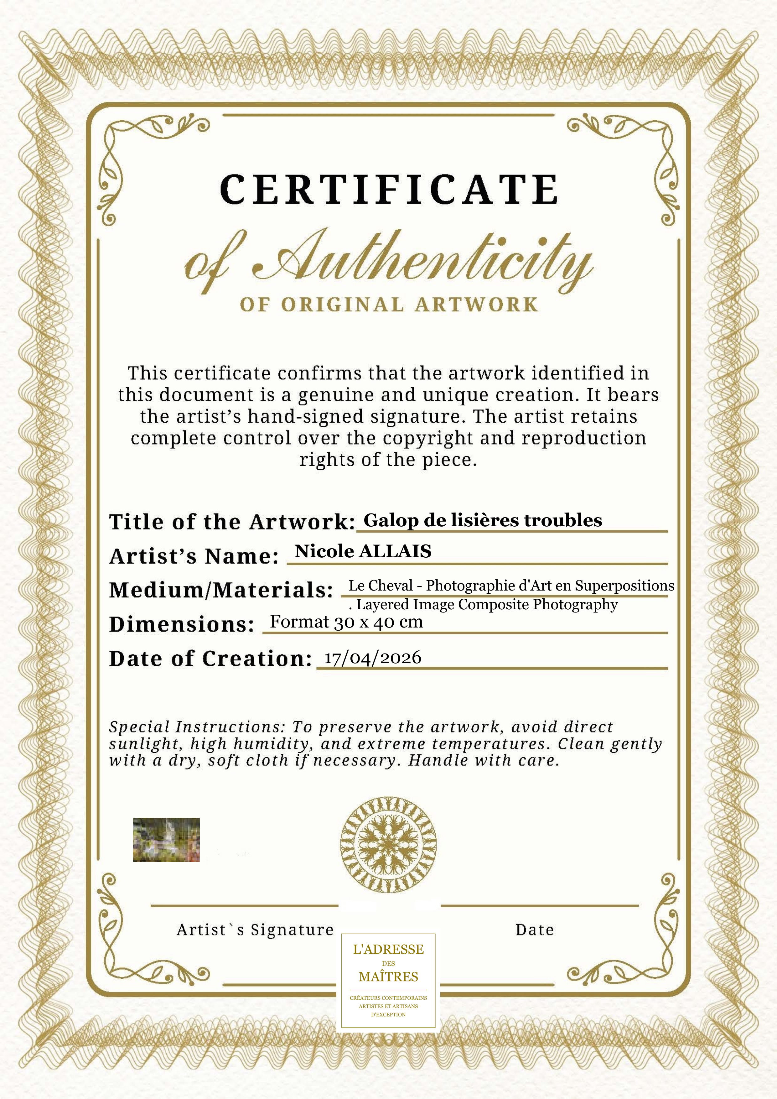 Certificat d'authenticité — Galop de lisières troubles — Nicole ALLAIS