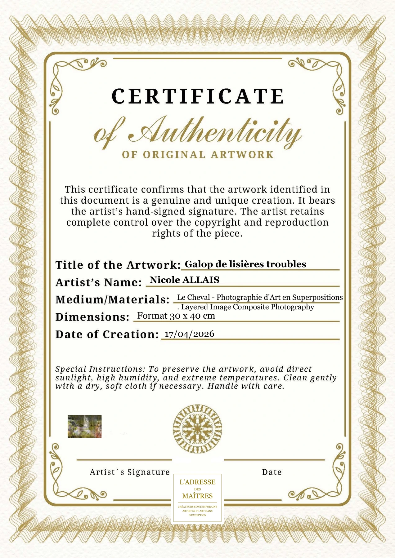 Certificat d'authenticité — Galop de lisières troubles — Nicole ALLAIS