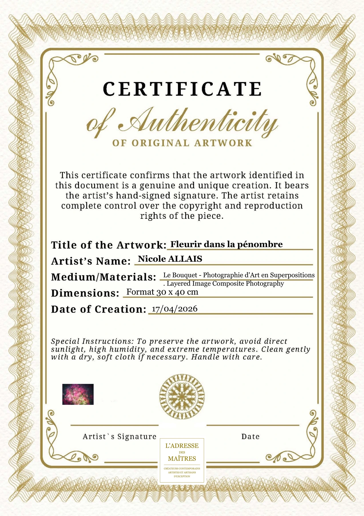 Certificat d'authenticité - Fleurir dans la pénombre - Nicole ALLAIS