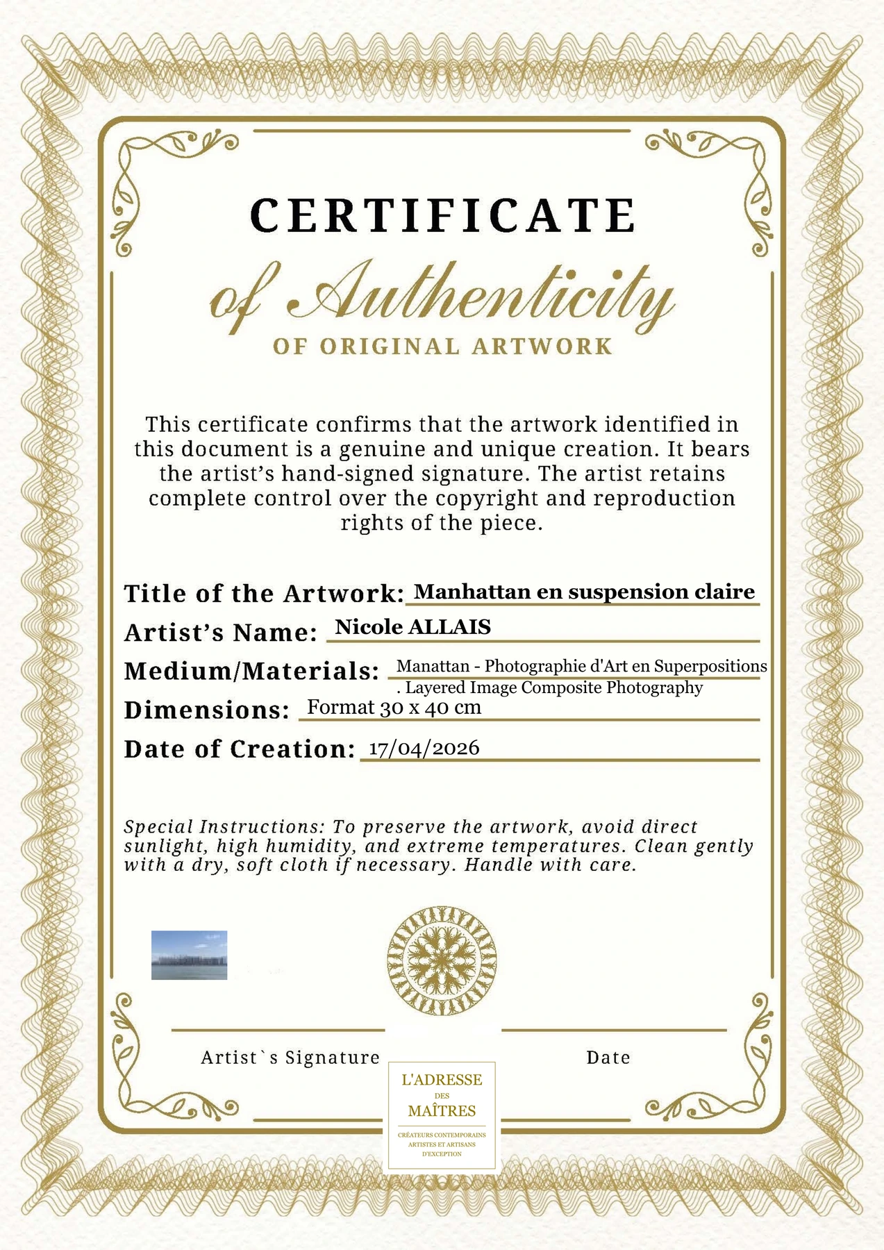 Certificat d'authenticité — Manhattan en suspension claire — Nicole ALLAIS