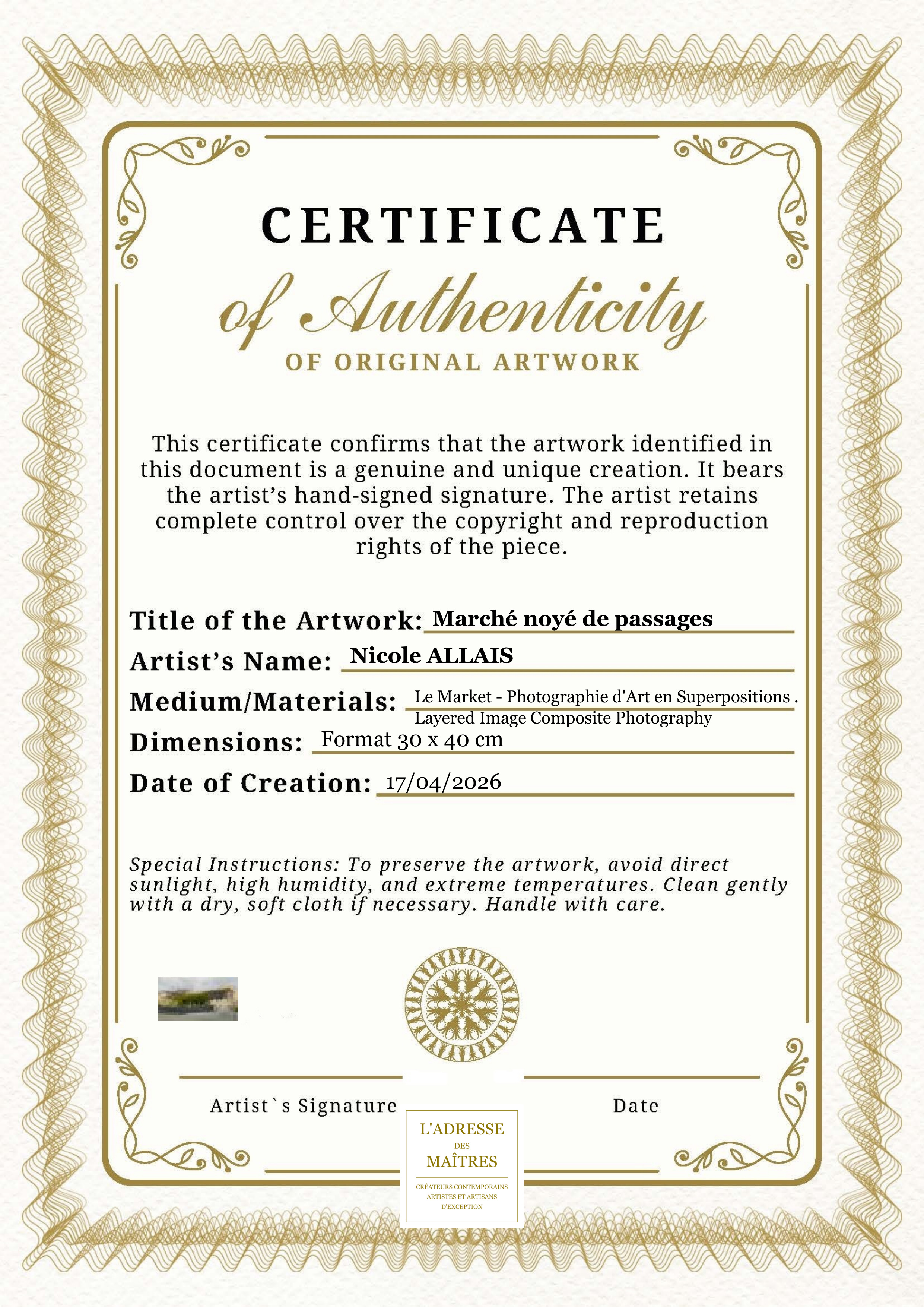 Certificat d'authenticité — Marché noyé de passages — Nicole ALLAIS