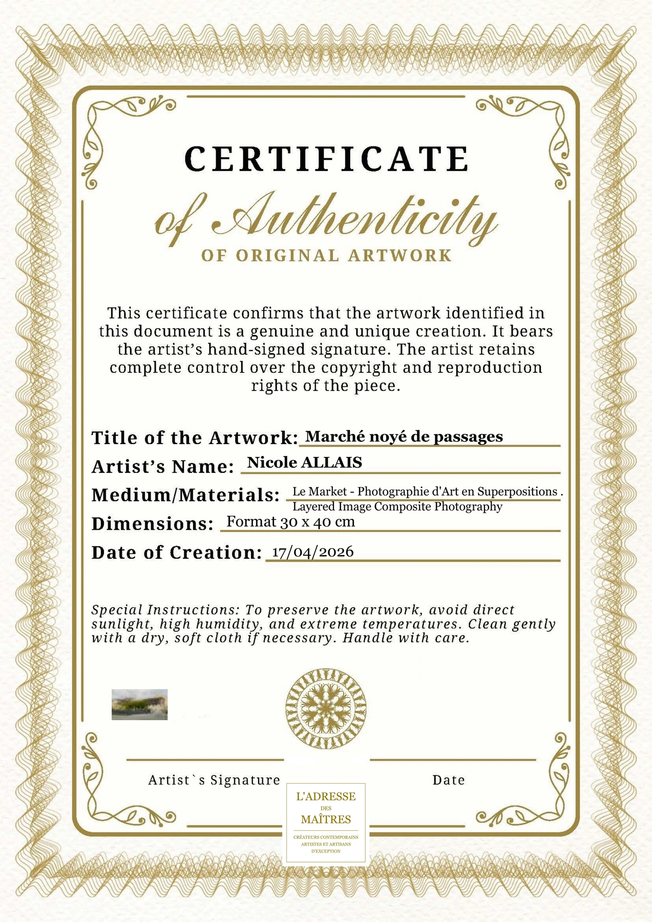 Certificat d'authenticité — Marché noyé de passages — Nicole ALLAIS
