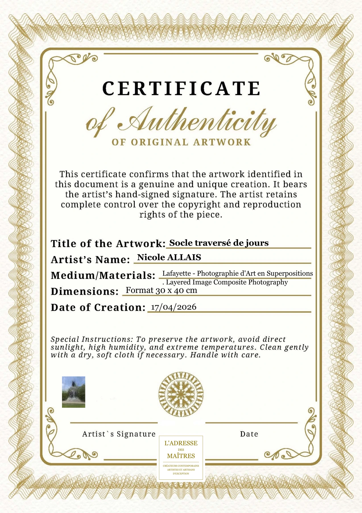 Certificat d'authenticité — Socle traversé de jours — Nicole ALLAIS