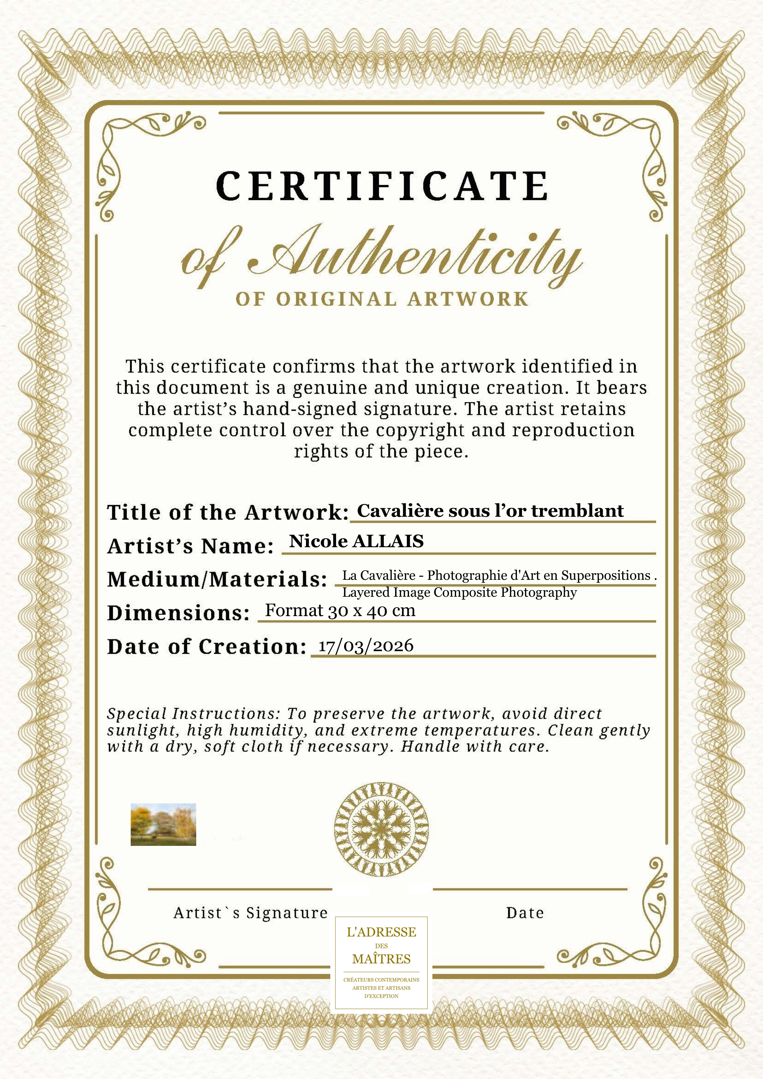 Certificat d'authenticité — Cavalière sous l’or tremblant — Nicole ALLAIS