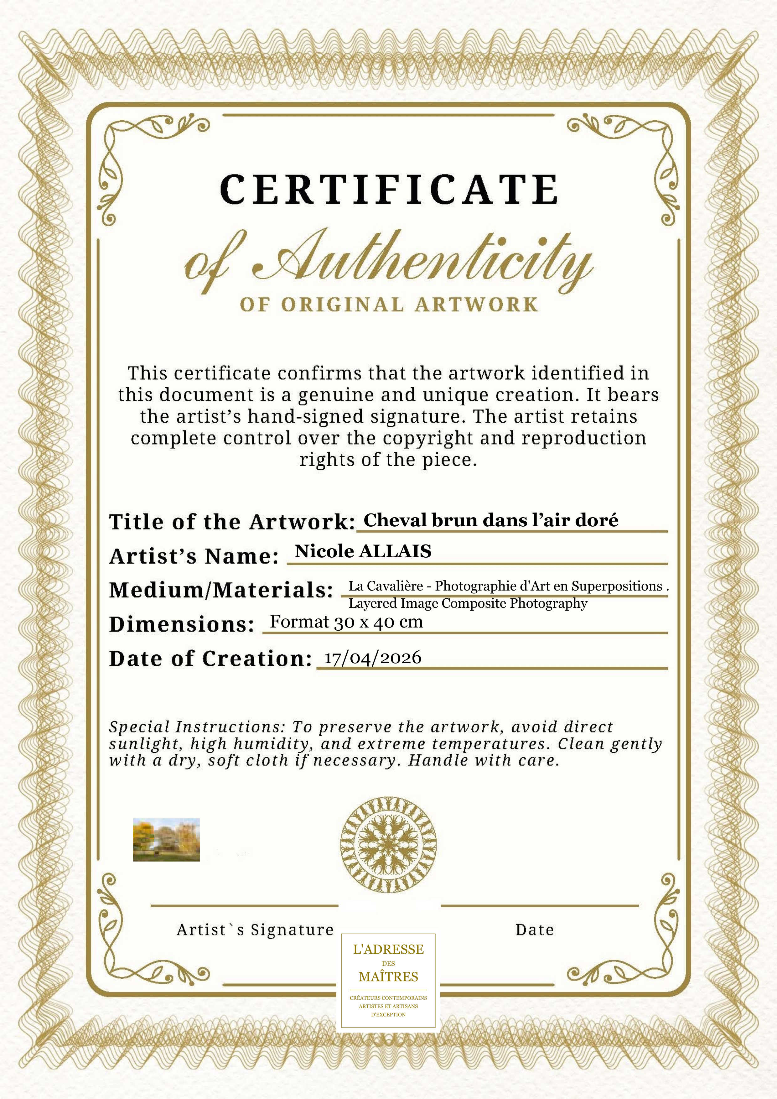 Certificat d'authenticité — Cheval brun dans l’air doré — Nicole ALLAIS
