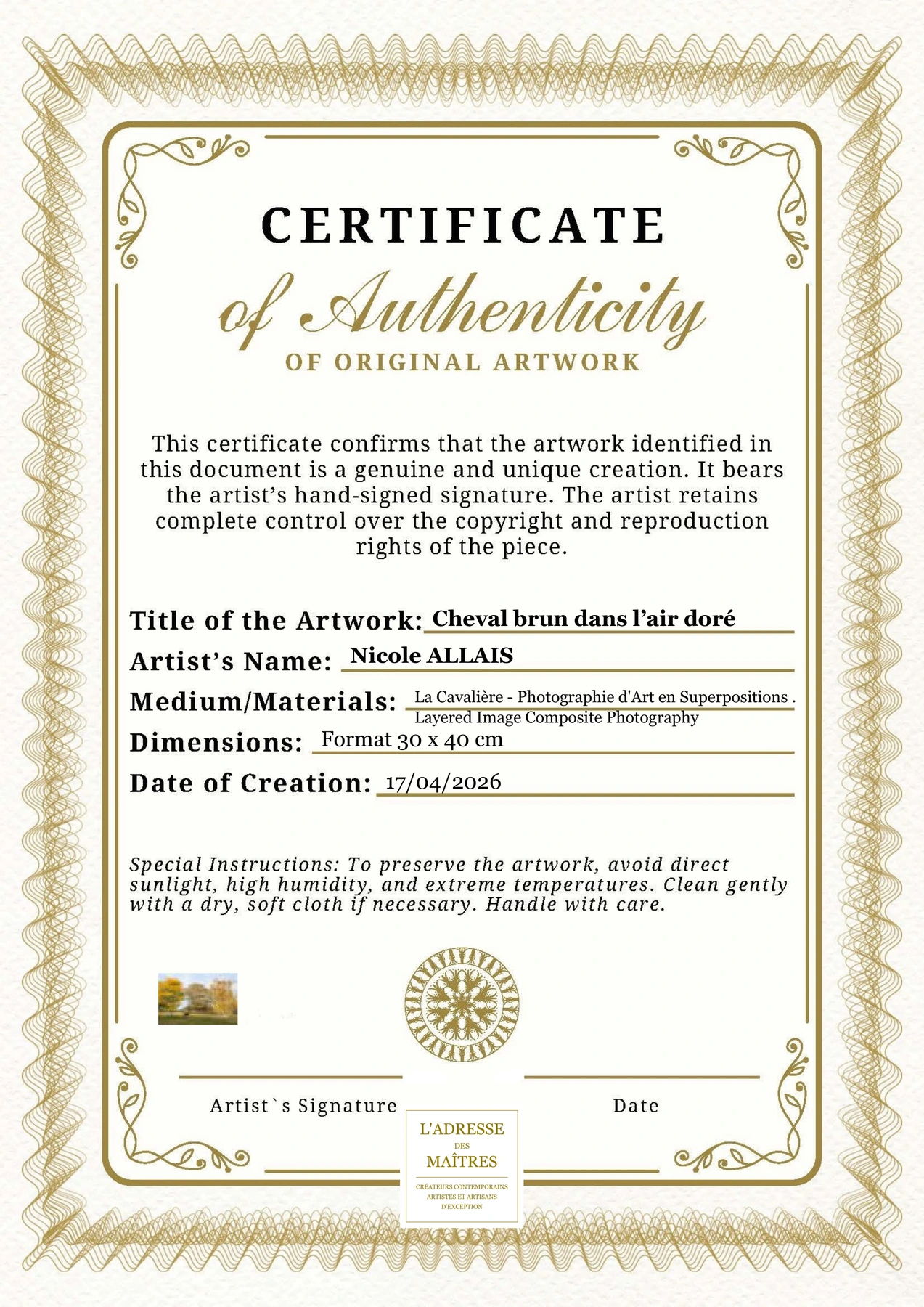 Certificat d'authenticité — Cheval brun dans l’air doré — Nicole ALLAIS