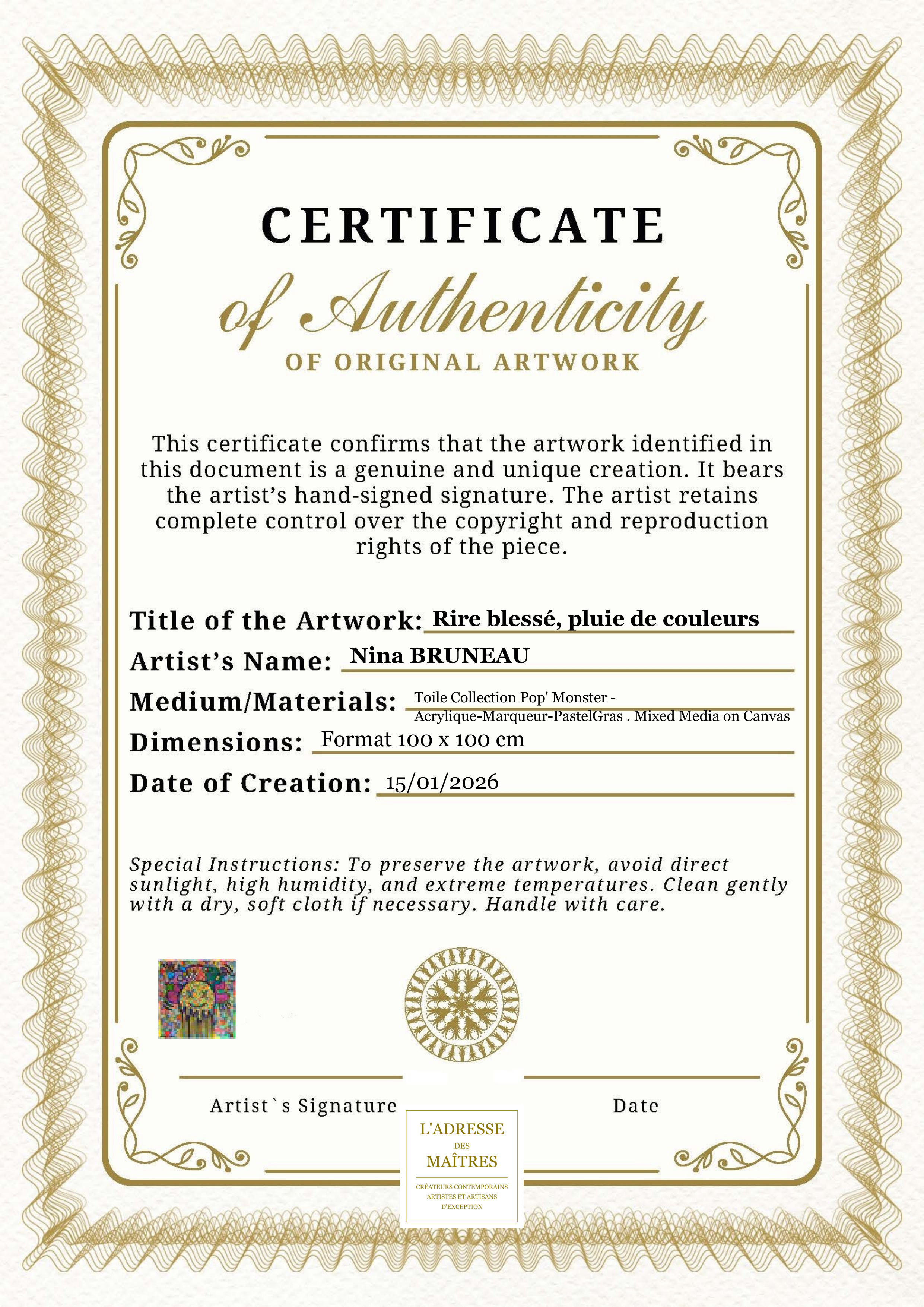 Certificat d'authenticité — Rire blessé, pluie de couleurs — Nina BRUNEAU