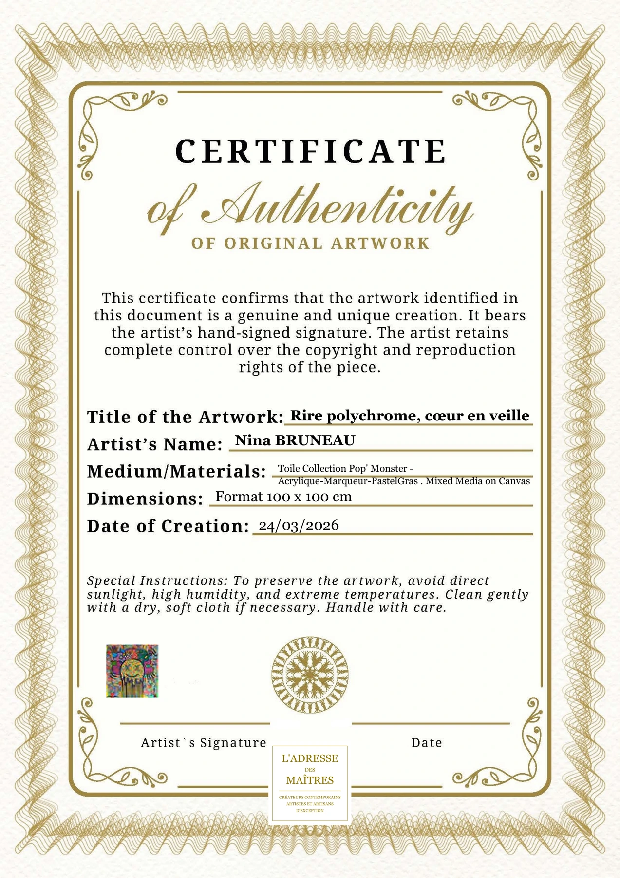 Certificat d'authenticité - Rire polychrome, cœur en veille - Nina BRUNEAU