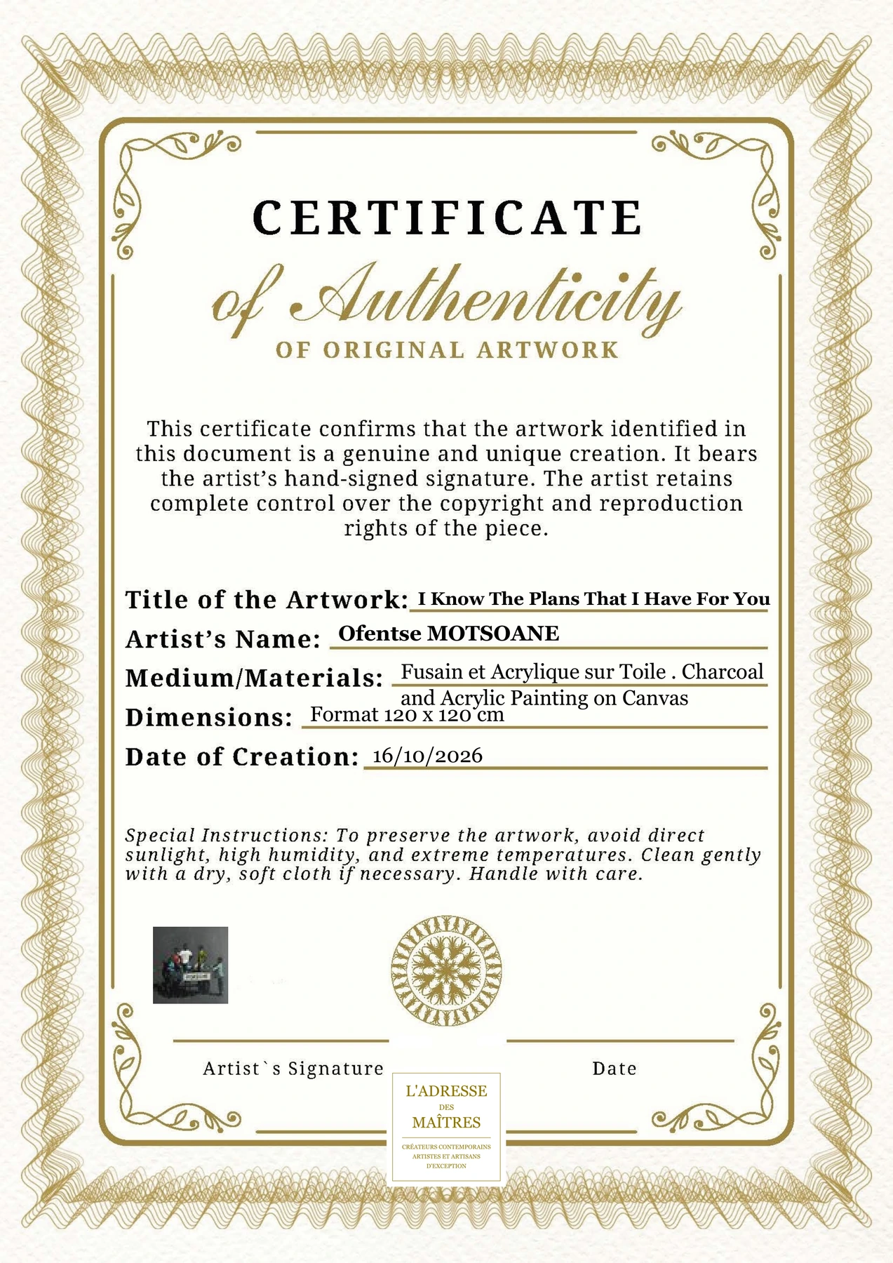 Certificat d'authenticité - I Know The Plans That I Have For You - Ofentse MOTSOANE