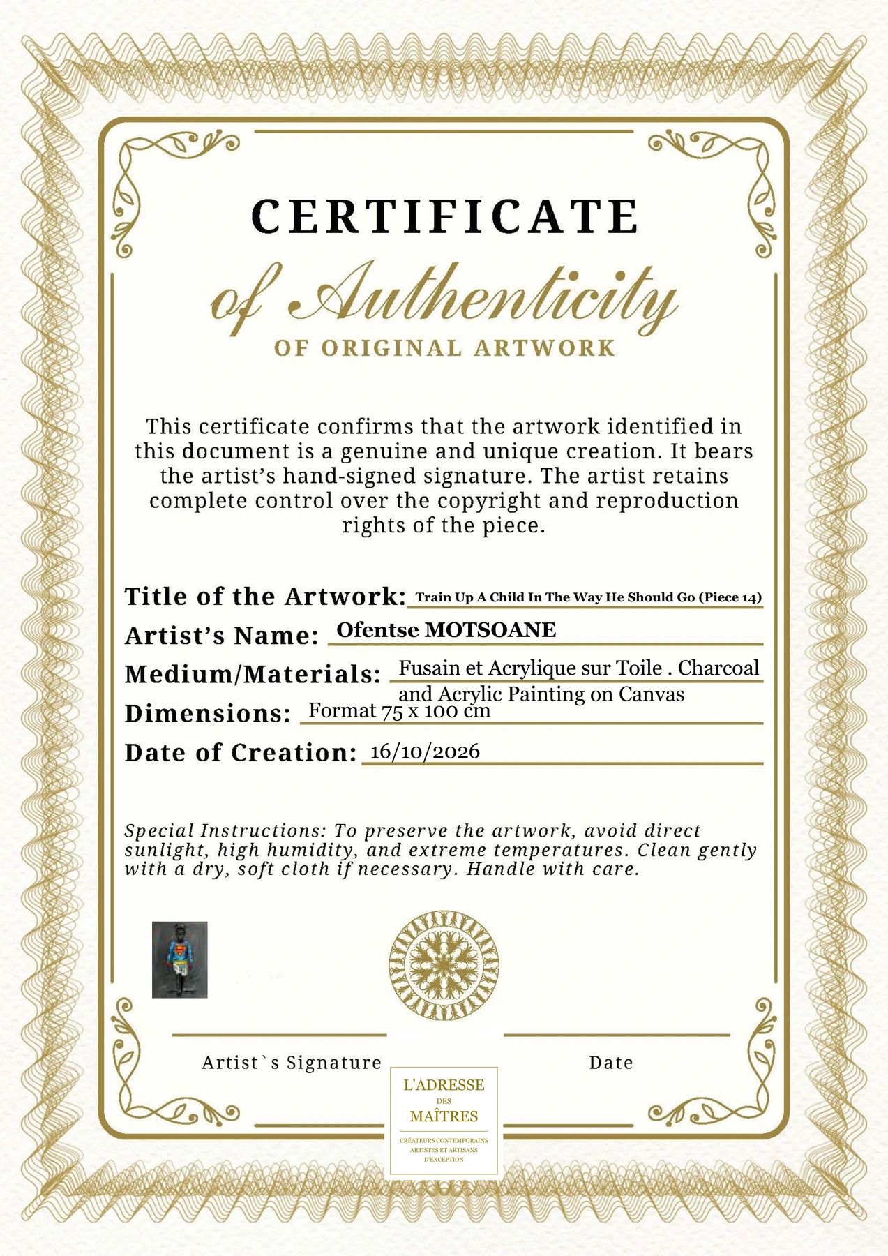 Certificat d'authenticité - Train Up A Child In The Way He Should Go (Piece 14) - Ofentse MOTSOANE