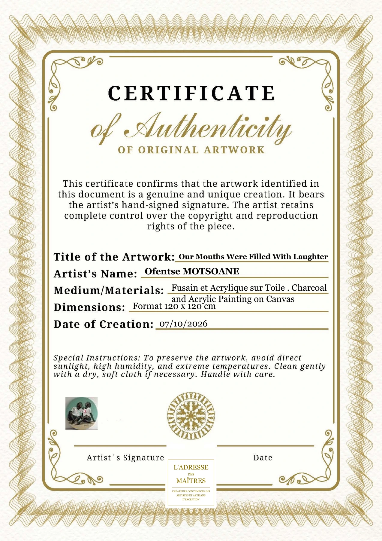 Certificat d'authenticité - Our Mouths Were Filled With Laughter - Ofentse MOTSOANE