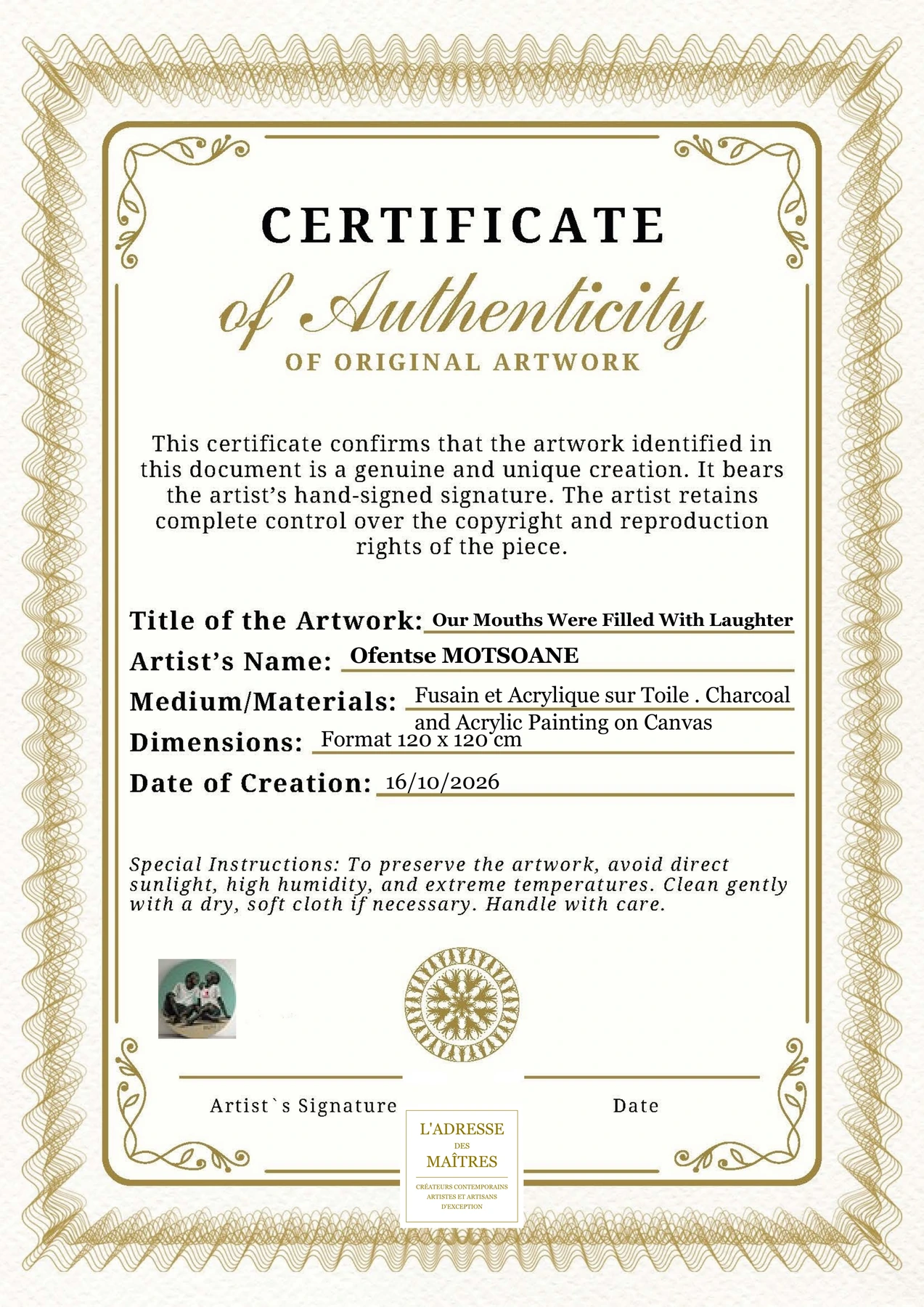 Certificat d'authenticité - Our Mouths Were Filled With Laughter - Ofentse MOTSOANE