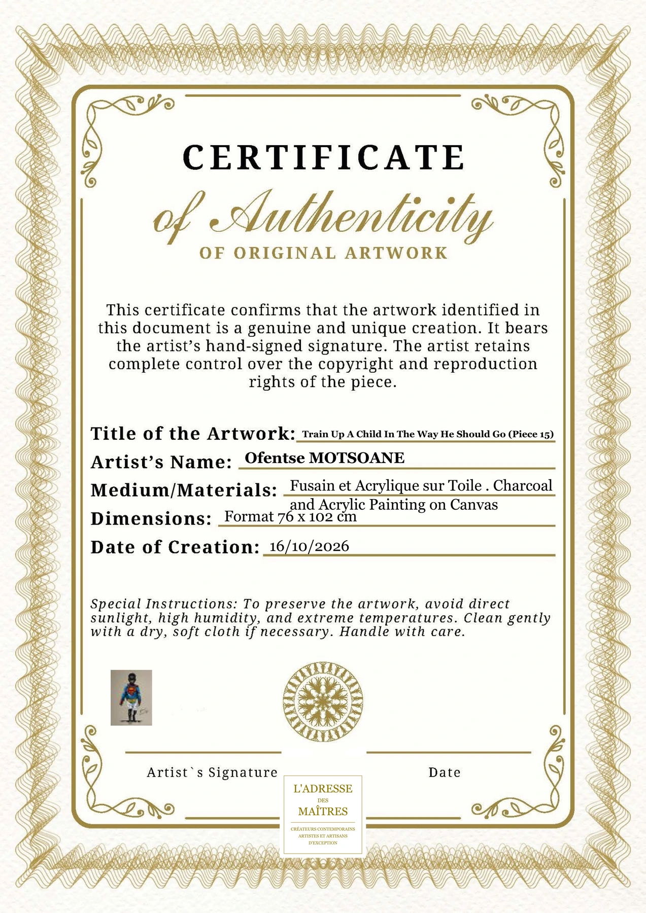 Certificat d'authenticité - Train Up A Child In The Way He Should Go (Piece 15) - Ofentse MOTSOANE