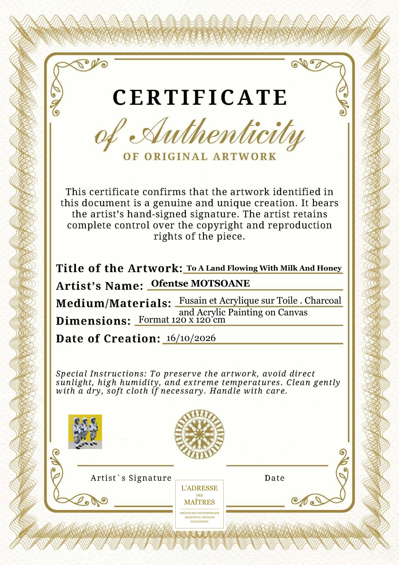 Certificat d'authenticité - To A Land Flowing With Milk And Honey - Ofentse MOTSOANE