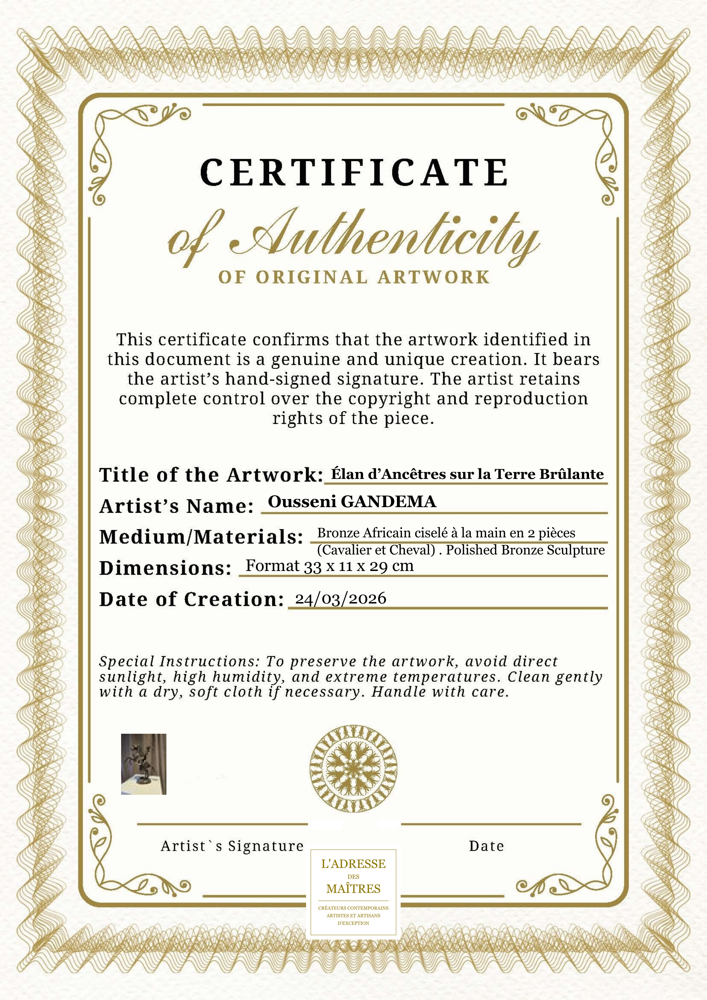 Certificat d'authenticité — Élan d’Ancêtres sur la Terre Brûlante — Ousseni GANDEMA