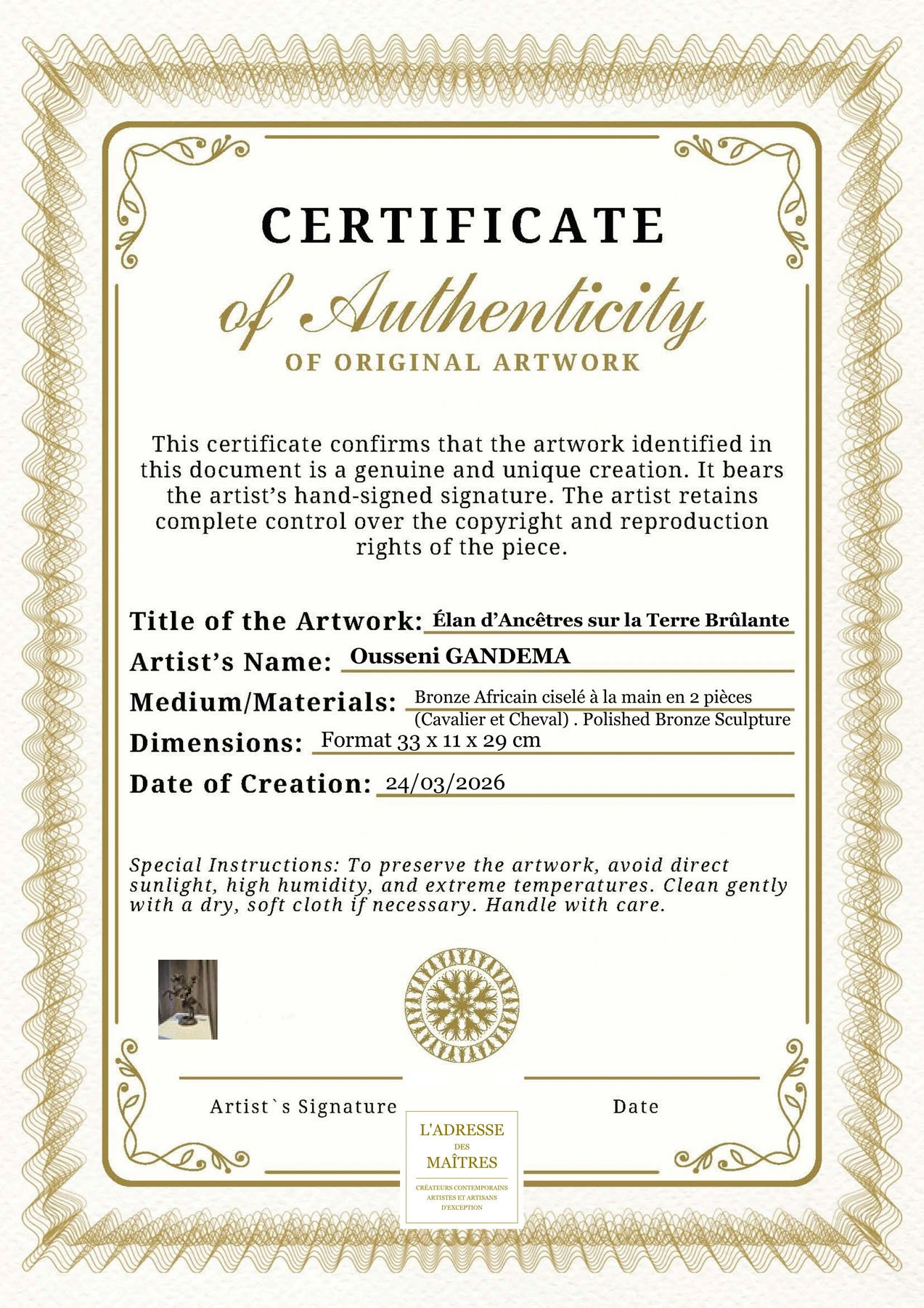 Certificat d'authenticité - Élan d’Ancêtres sur la Terre Brûlante - Ousseni GANDEMA