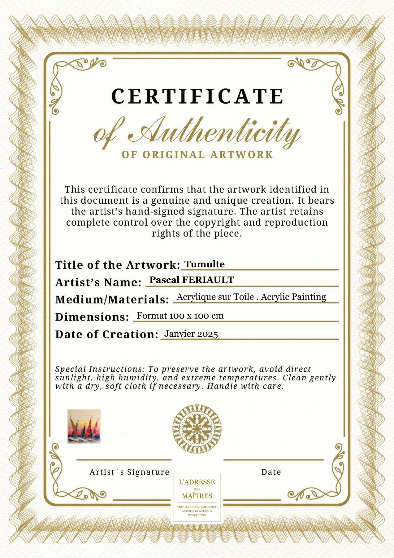 Certificat d'authenticité - Tumulte - Pascal FERIAULT