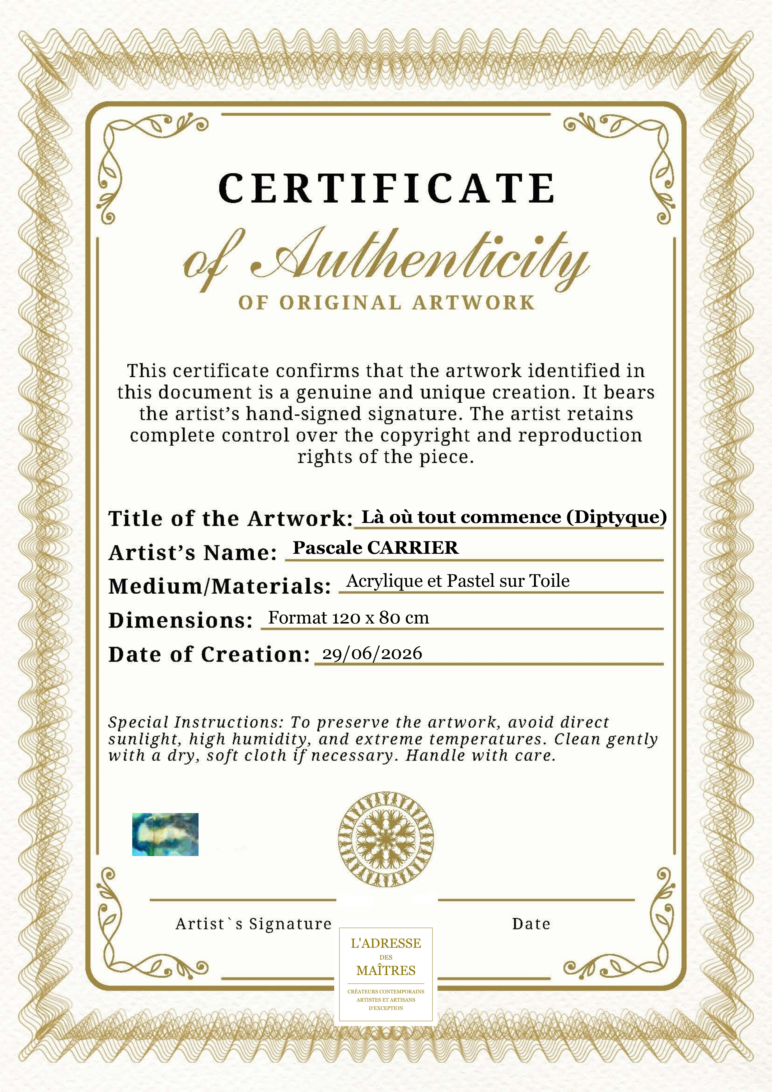 Certificat d'authenticité — Là où tout commence (Diptyque) — Pascale CARRIER
