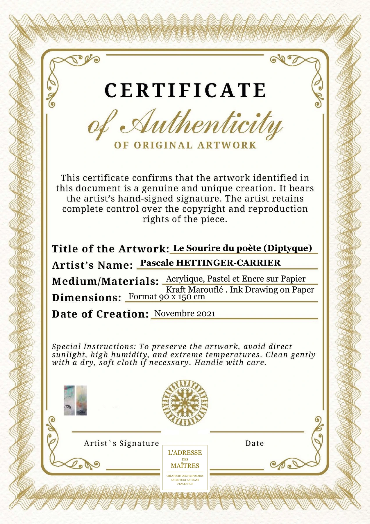 Certificat d'authenticité - Le Sourire du poète (Diptyque) - Pascale HETTINGER-CARRIER