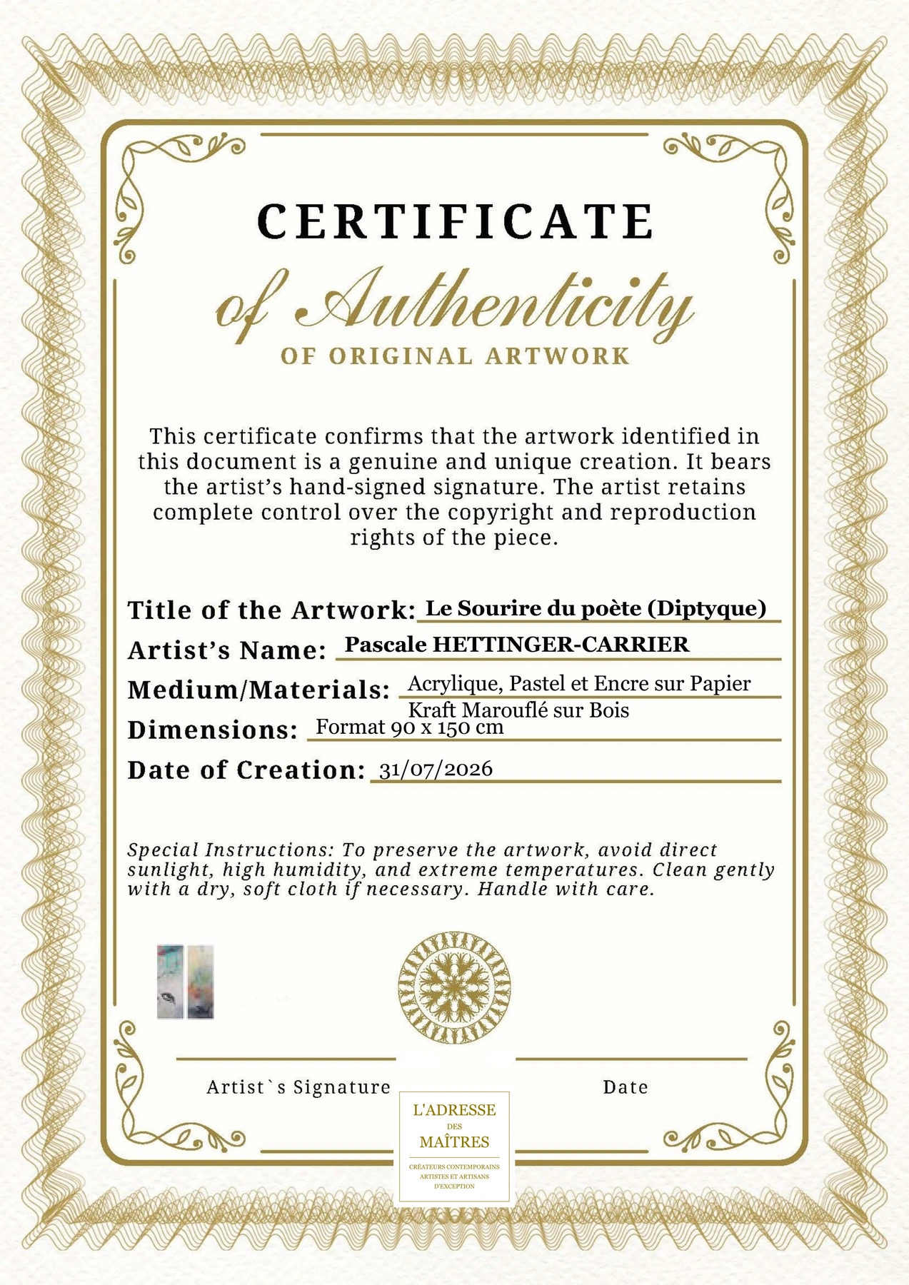 Certificat d'authenticité - Le Sourire du poète (Diptyque) - Pascale HETTINGER-CARRIER
