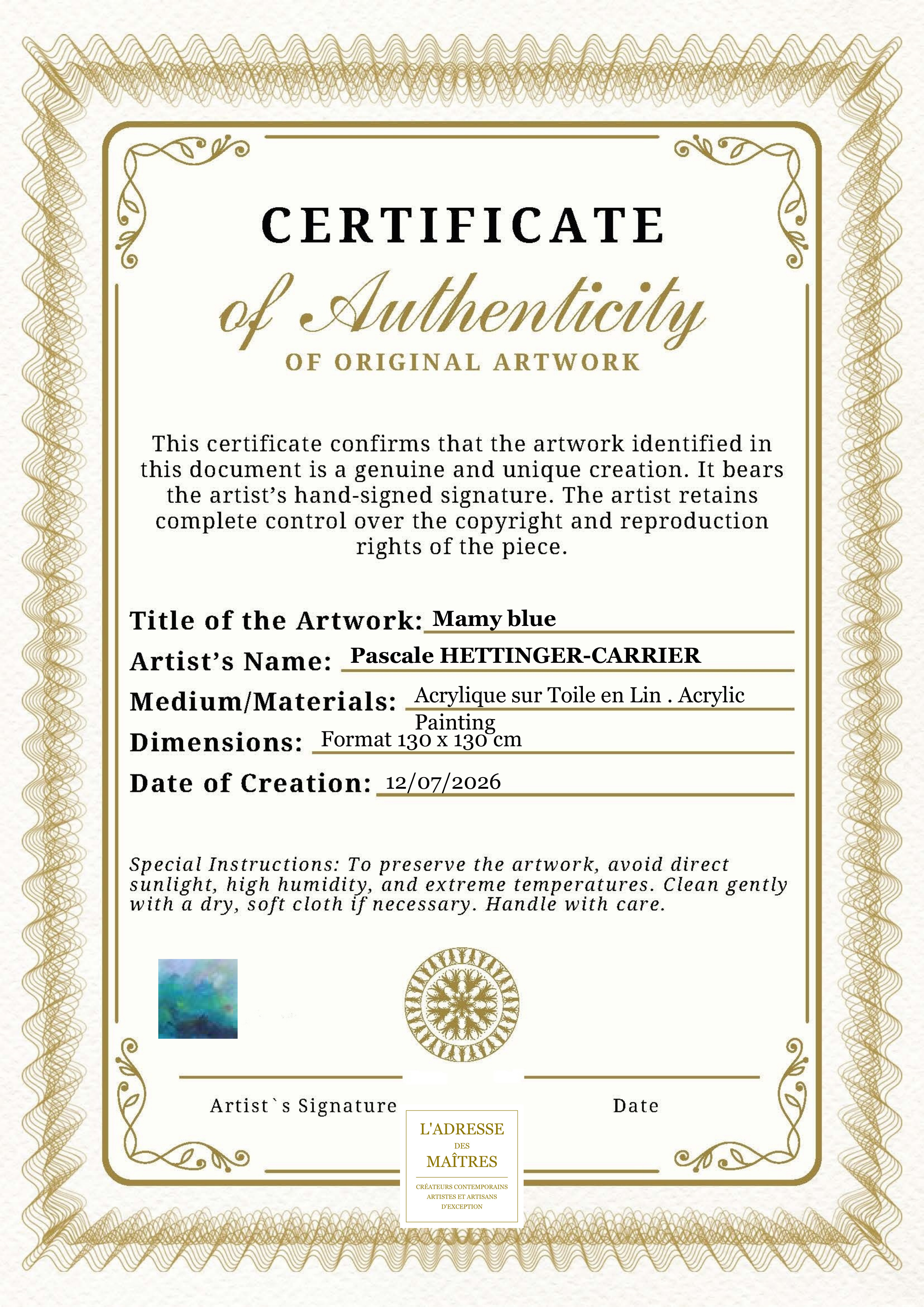 Certificat d'authenticité — Mamy blue — Pascale HETTINGER-CARRIER