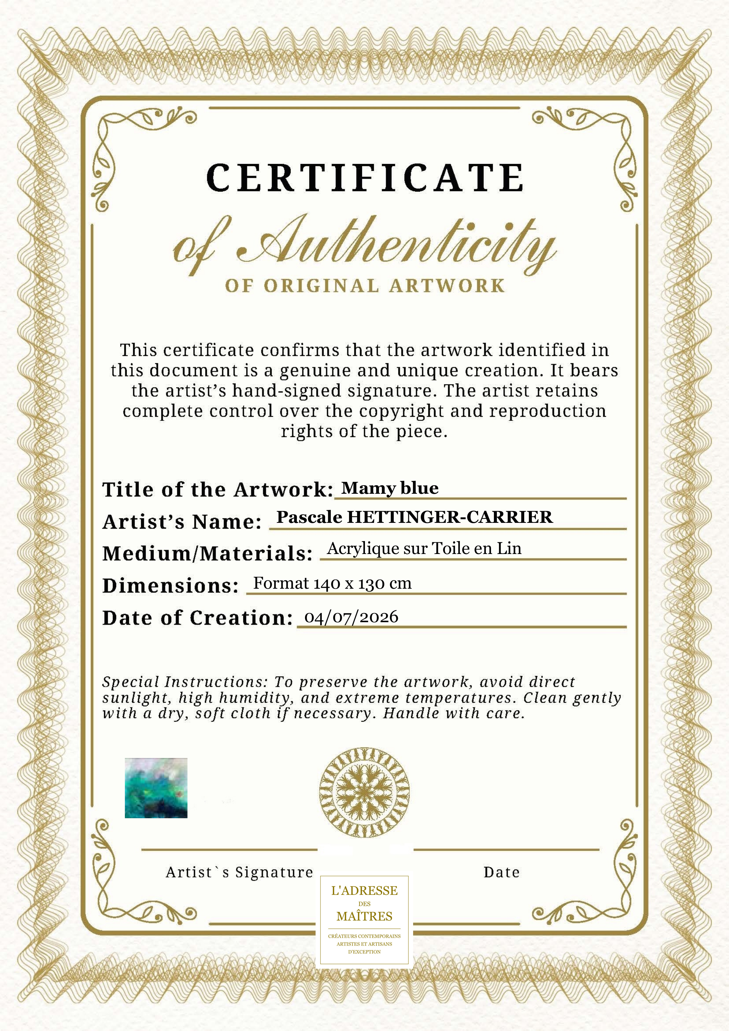 Certificat d'authenticité — Mamy blue — Pascale HETTINGER-CARRIER