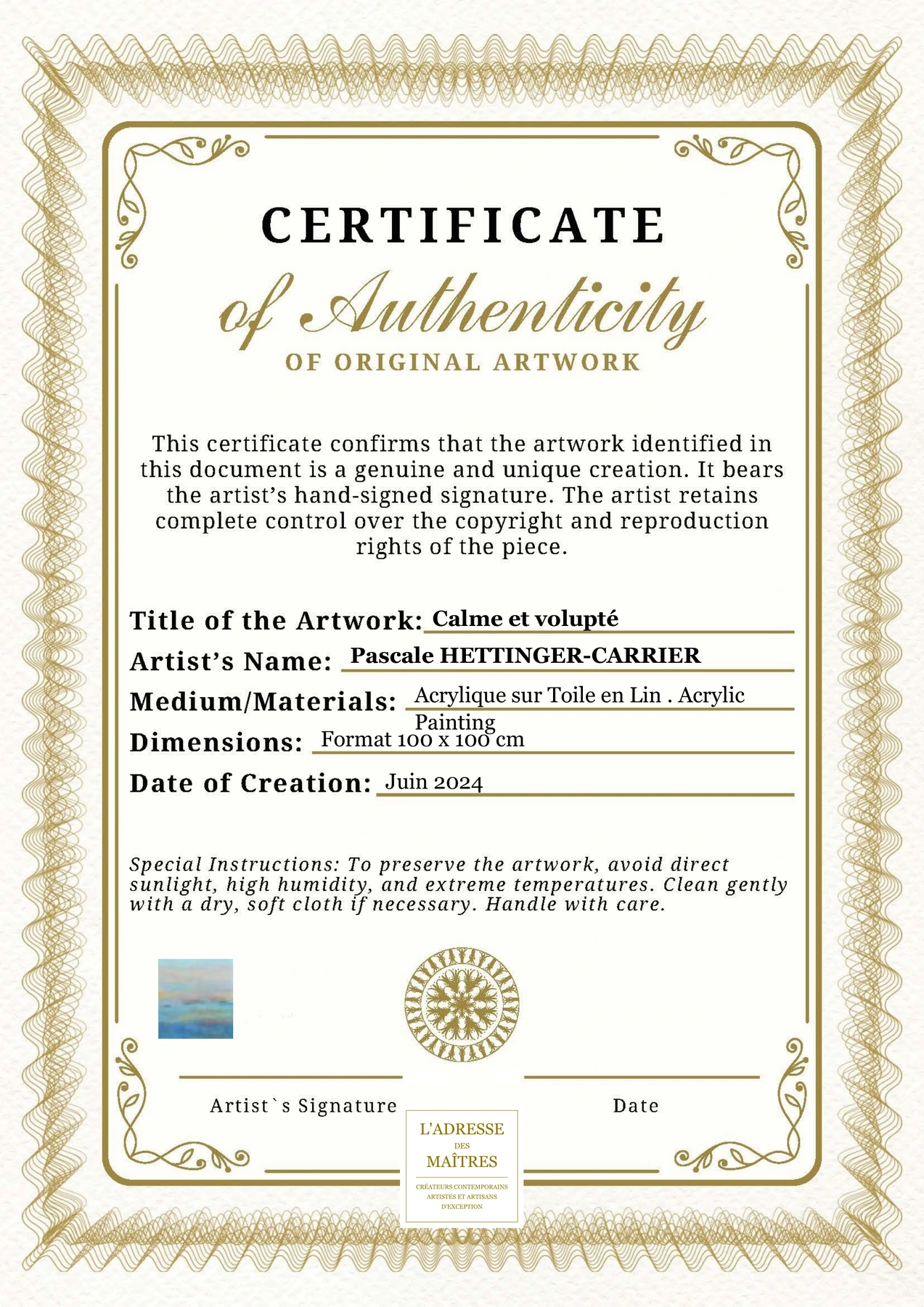 Certificat d'authenticité - Calme et volupté - Pascale HETTINGER-CARRIER