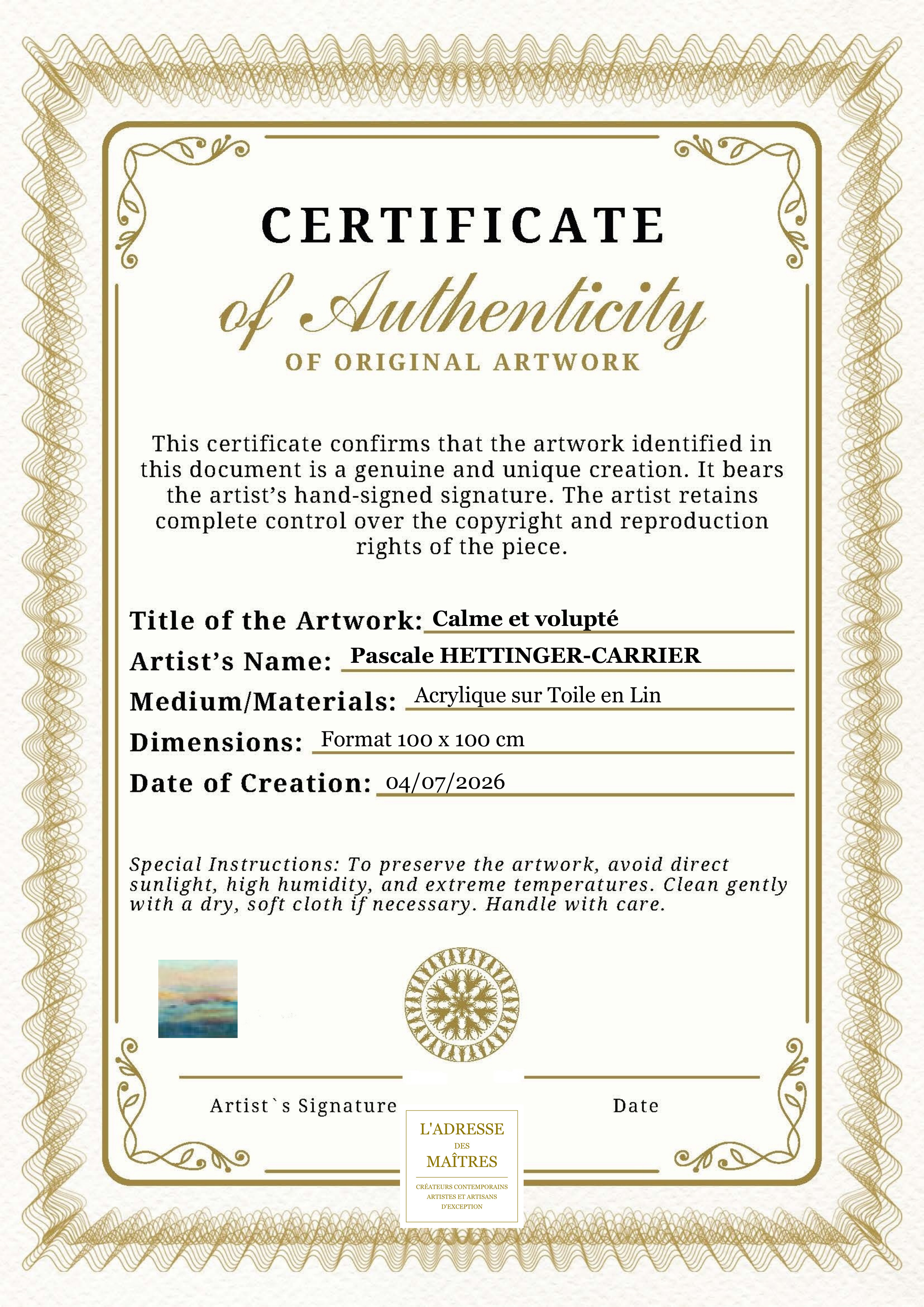 Certificat d'authenticité — Calme et volupté — Pascale HETTINGER-CARRIER