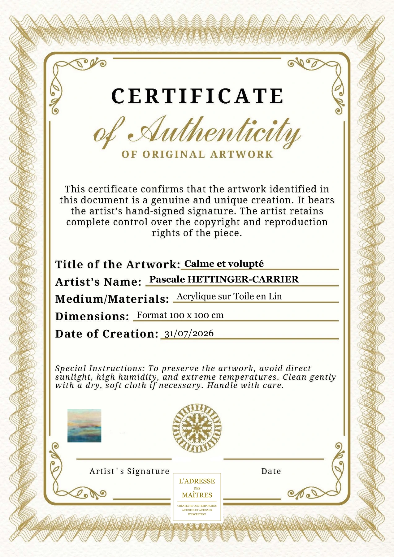 Certificat d'authenticité - Calme et volupté - Pascale HETTINGER-CARRIER
