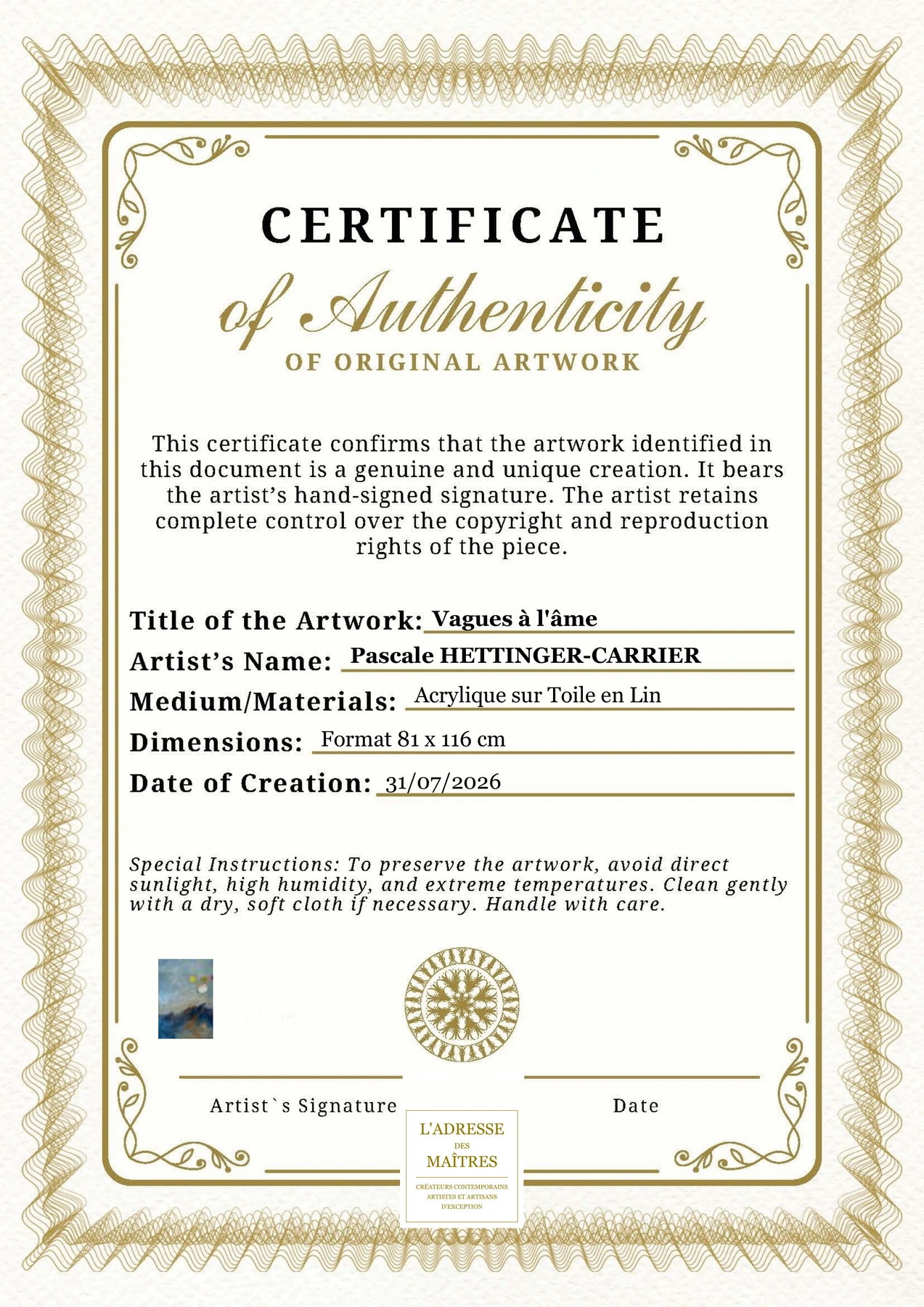 Certificat d'authenticité - Vagues à l'âme - Pascale HETTINGER-CARRIER